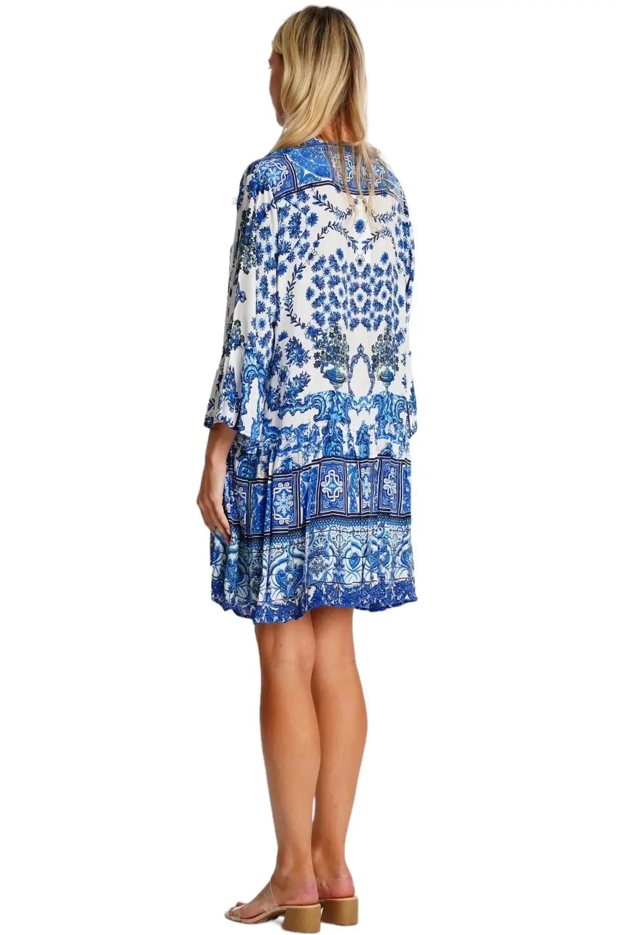 Blue Floral Beach Mini Dress – Lightweight Summer Resort Dress - Designer Mini Dress | Elegant Kaftan Cover Up Dress | Club Moda USA
