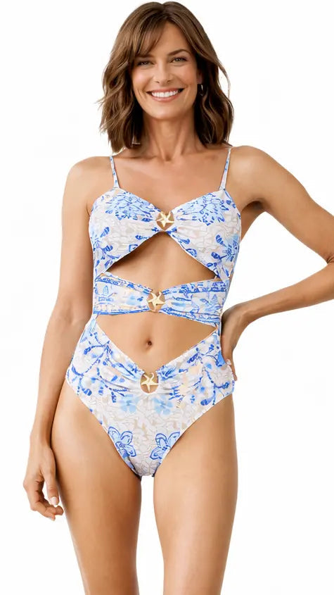 Blue Floral Cut-Out One Piece Swimsuit – Elegant Resort Swimwear Club Moda One Piece Swimsuit