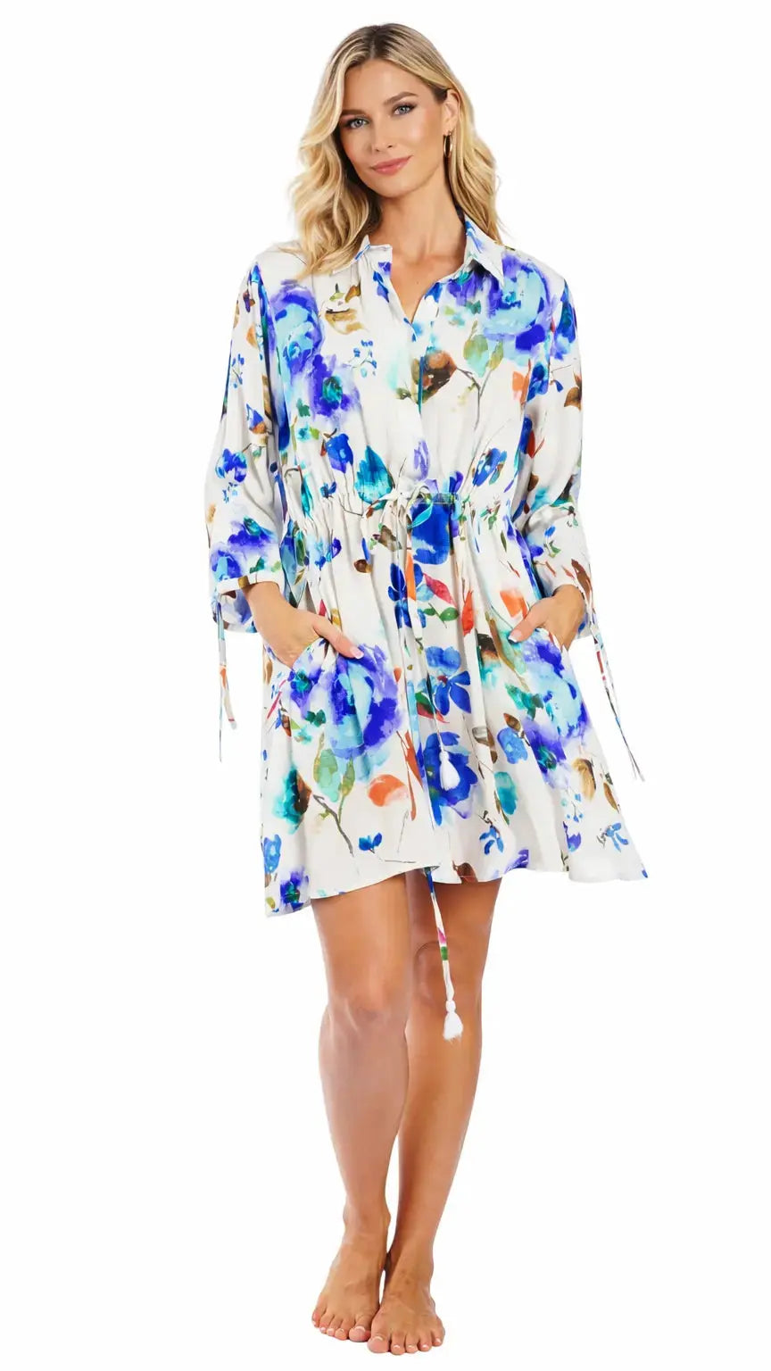 Blue Floral Mini Shirt Dress – Luxury Resort Wear - Designer Mini Dress | Elegant Kaftan Cover Up Dress | Club Moda USA