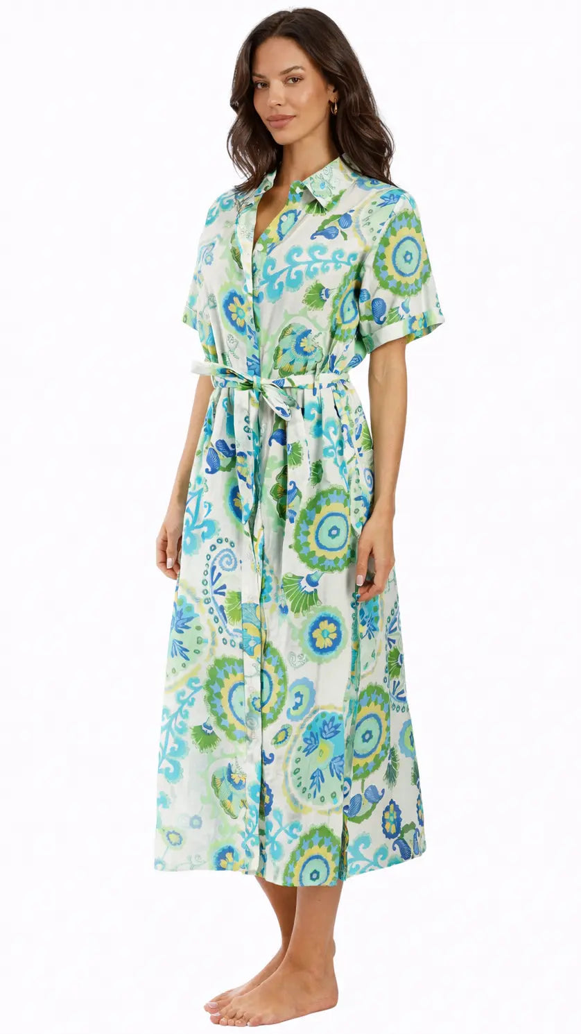 Blue Green Tropical Shirt Dress – Resort Wear Vacation Midi Dress Club Moda Shirt Dress