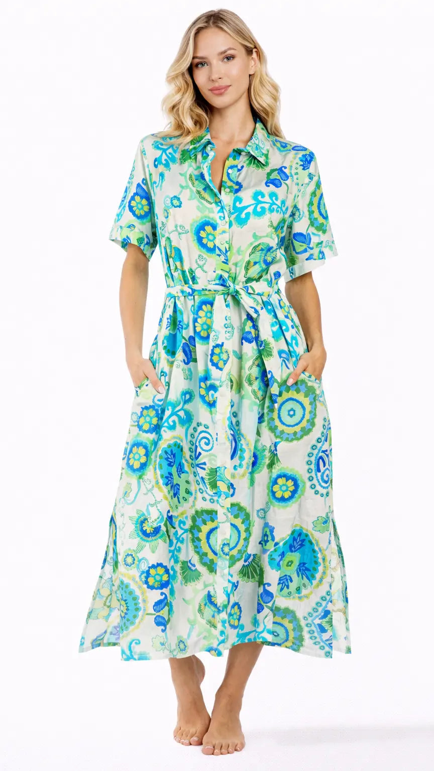 Blue Green Tropical Shirt Dress – Resort Wear Vacation Midi Dress - Premium Resort Wear | Luxury Shirt Dress for Vacation & Cruise | Club Moda