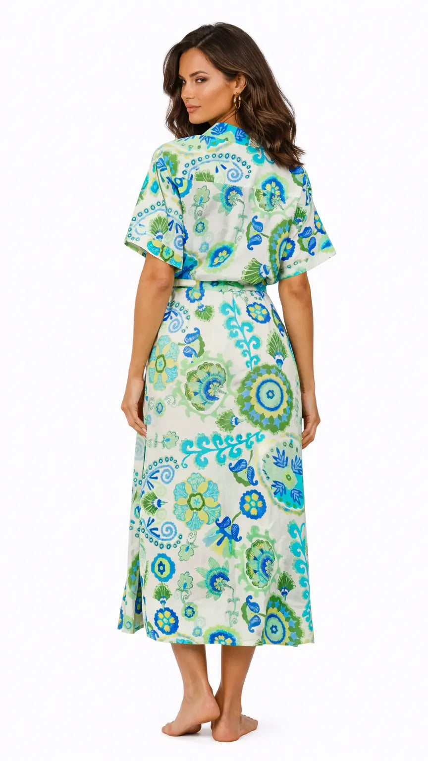 Blue Green Tropical Shirt Dress – Resort Wear Vacation Midi Dress - Designer Shirt Dress | Elegant Kaftan Cover Up Dress | Club Moda USA