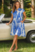 Blue & Ivory Damask Ornament A-Line Shirt Dress — Elegant Resort Midi