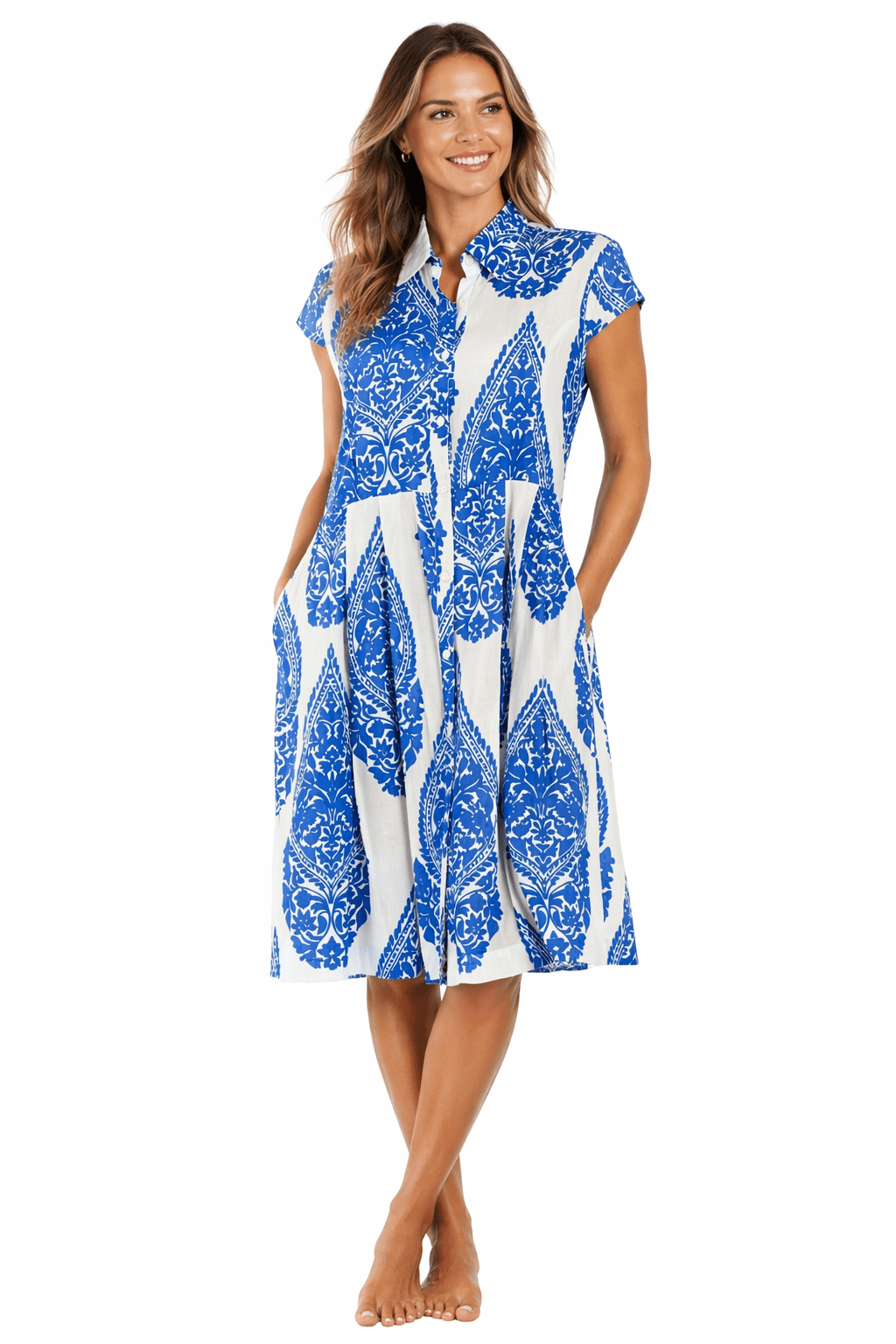 Blue & Ivory damask ornament print A-line shirt dress — front view | Luxury resort wear from Club Moda