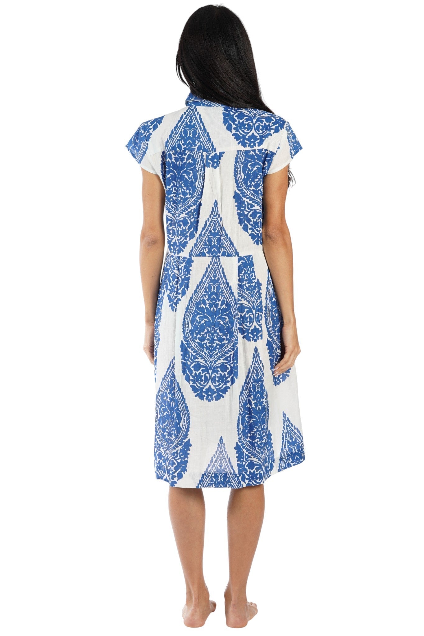 Blue & Ivory damask ornament print A-line shirt dress — back view | Vacation-ready resort dress