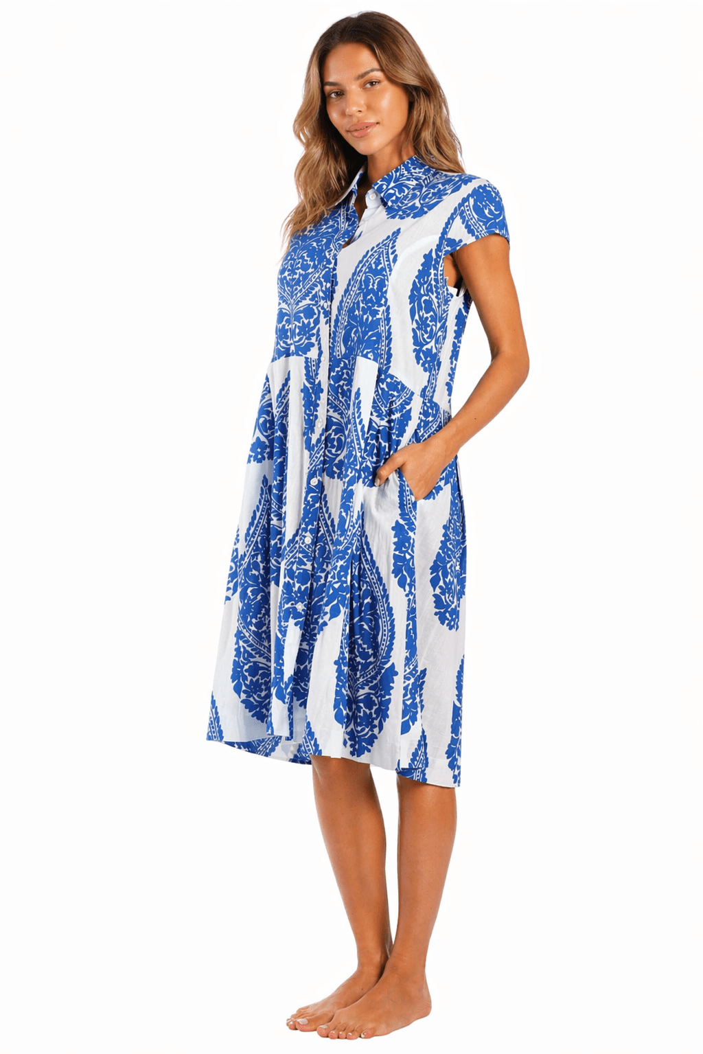Blue & Ivory Damask Ornament A-Line Shirt Dress — Elegant Resort Midi - Designer Shirt Dress | Elegant Kaftan Cover Up Dress | Club Moda USA