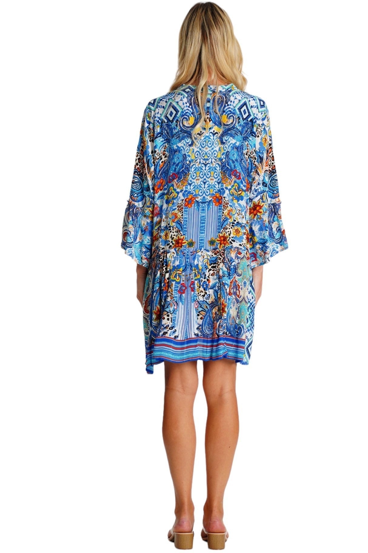 Blue Mosaic Paisley Bell-Sleeve Mini Dress - detail close-up - Club Moda USA vacation dress