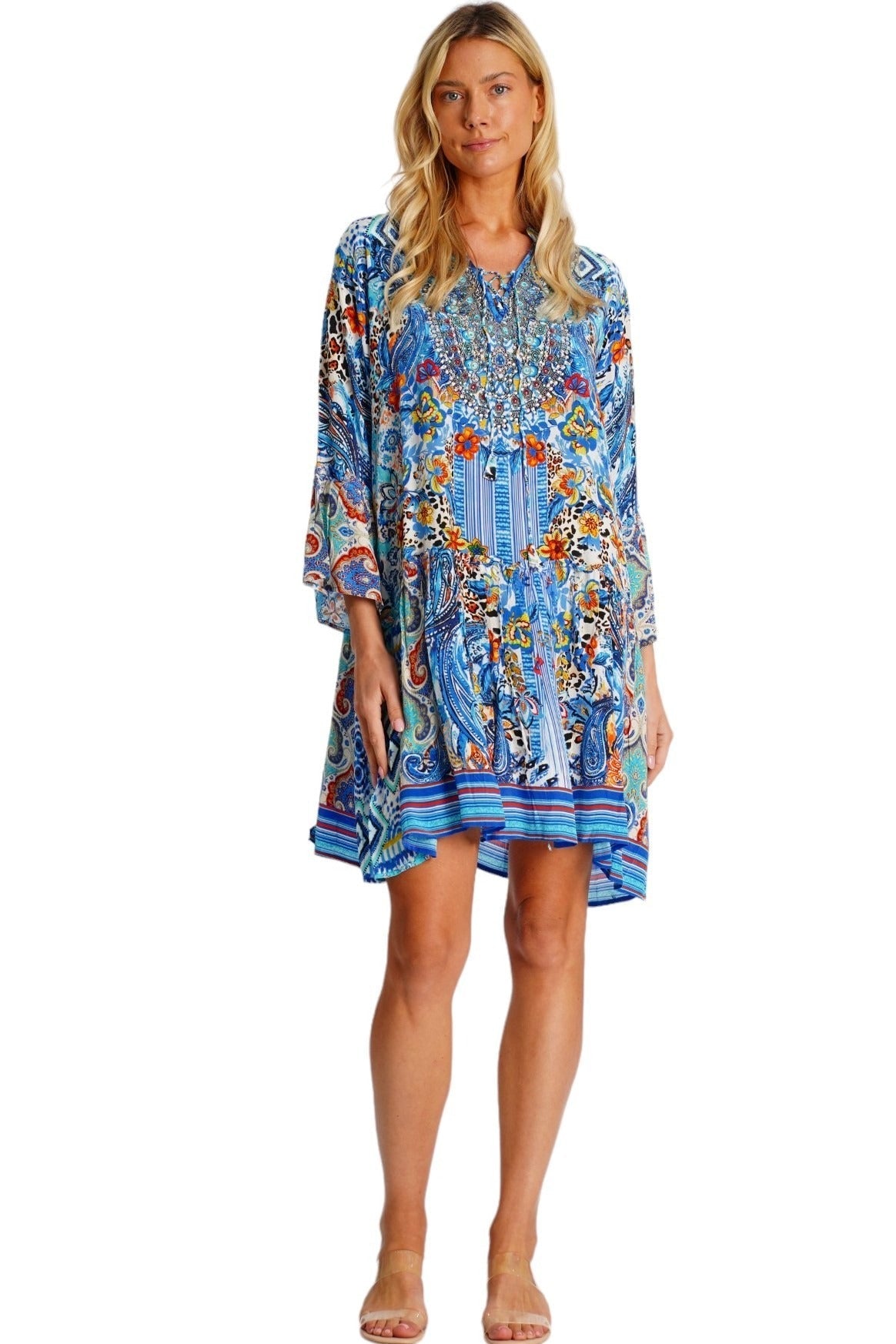 Blue Mosaic Paisley Bell-Sleeve Mini Dress - front view - Club Moda USA luxury resort wear