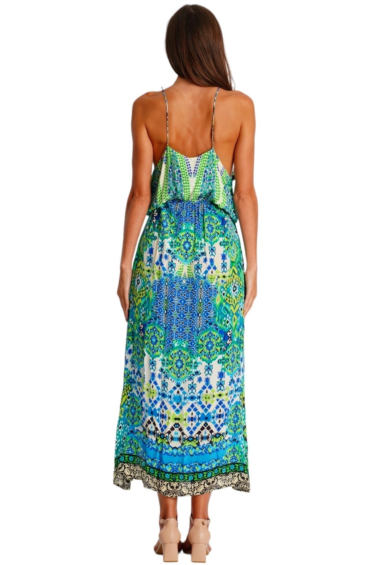 Blue Ombré Tiered Maxi Dress – Tropical Print Vacation Dress - Side View | Club Moda USA