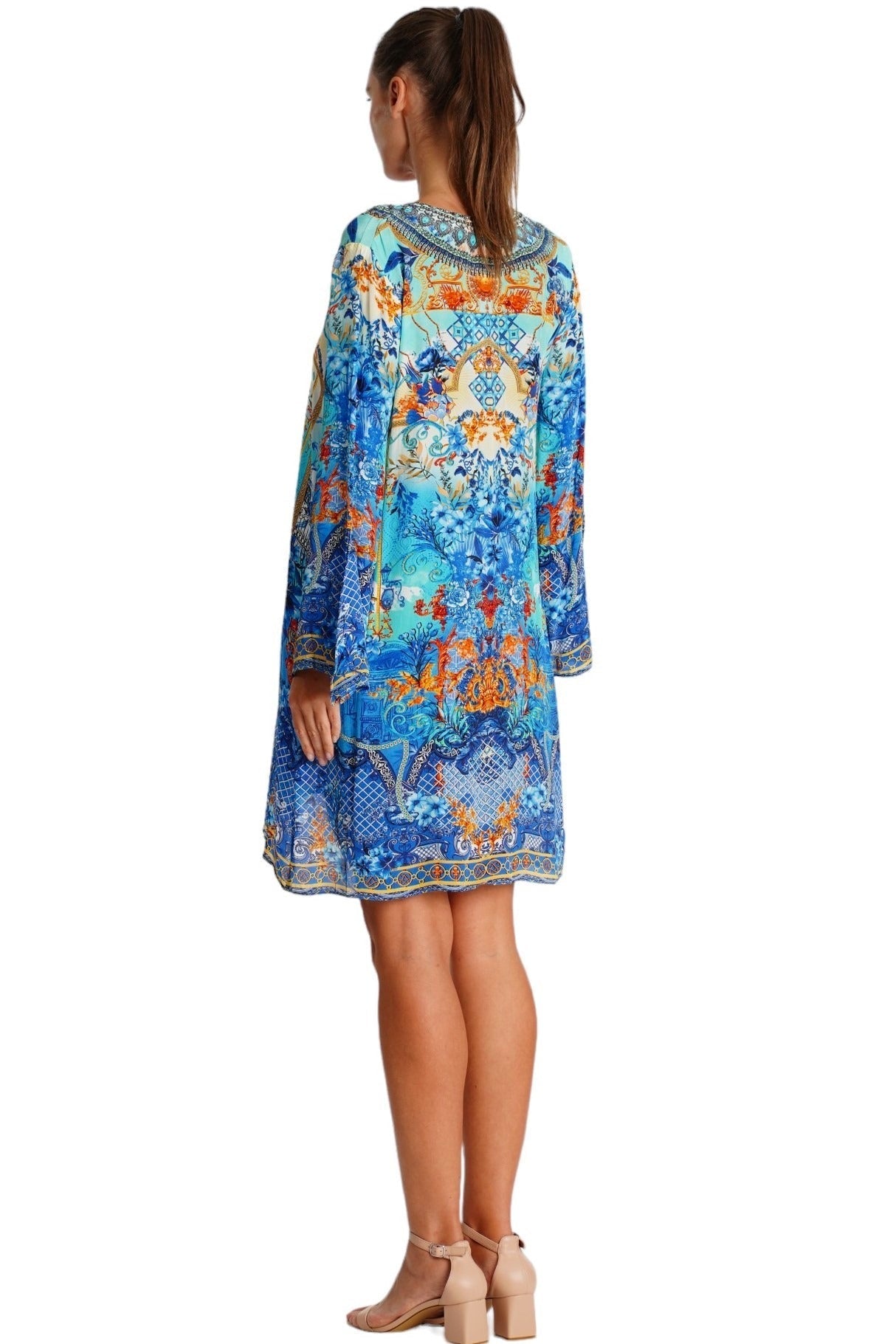 Blue Paisley Mosaic Bell-Sleeve Mini Dress - Designer Mini Dress | Elegant Kaftan Cover Up Dress | Club Moda USA