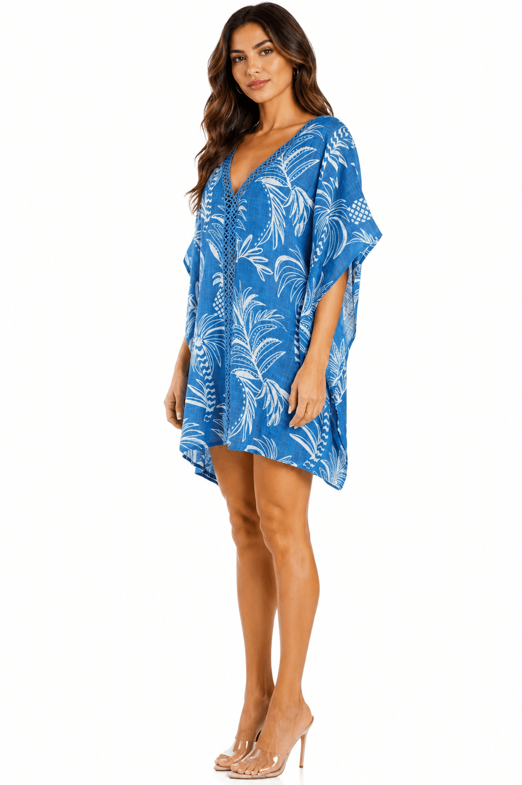 Blue and white palm-print V-neck kimono-sleeve embroidered short caftan cover-up — view 3