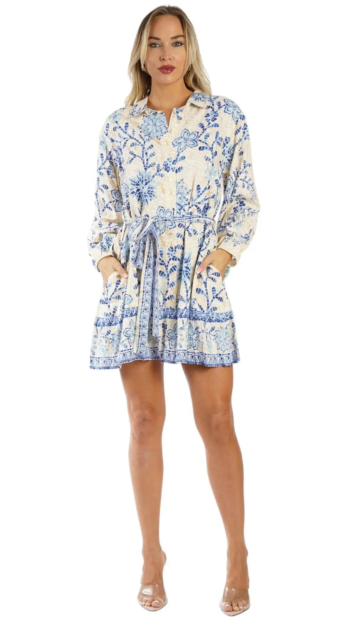 Blue Print Luxury Vacation Mini Dress - Designer Mini Dress | Elegant Kaftan Cover Up Dress | Club Moda USA
