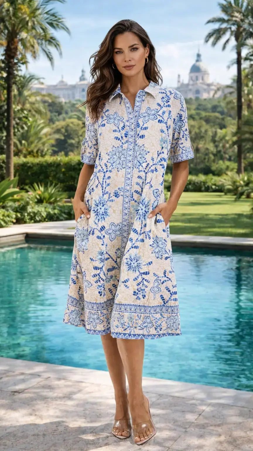 Blue Print Shirt Dress – Luxury Resort Wear Vacation Dress with Pockets - Premium Resort Wear | Luxury Shirt Dress for Vacation & Cruise | Club Moda