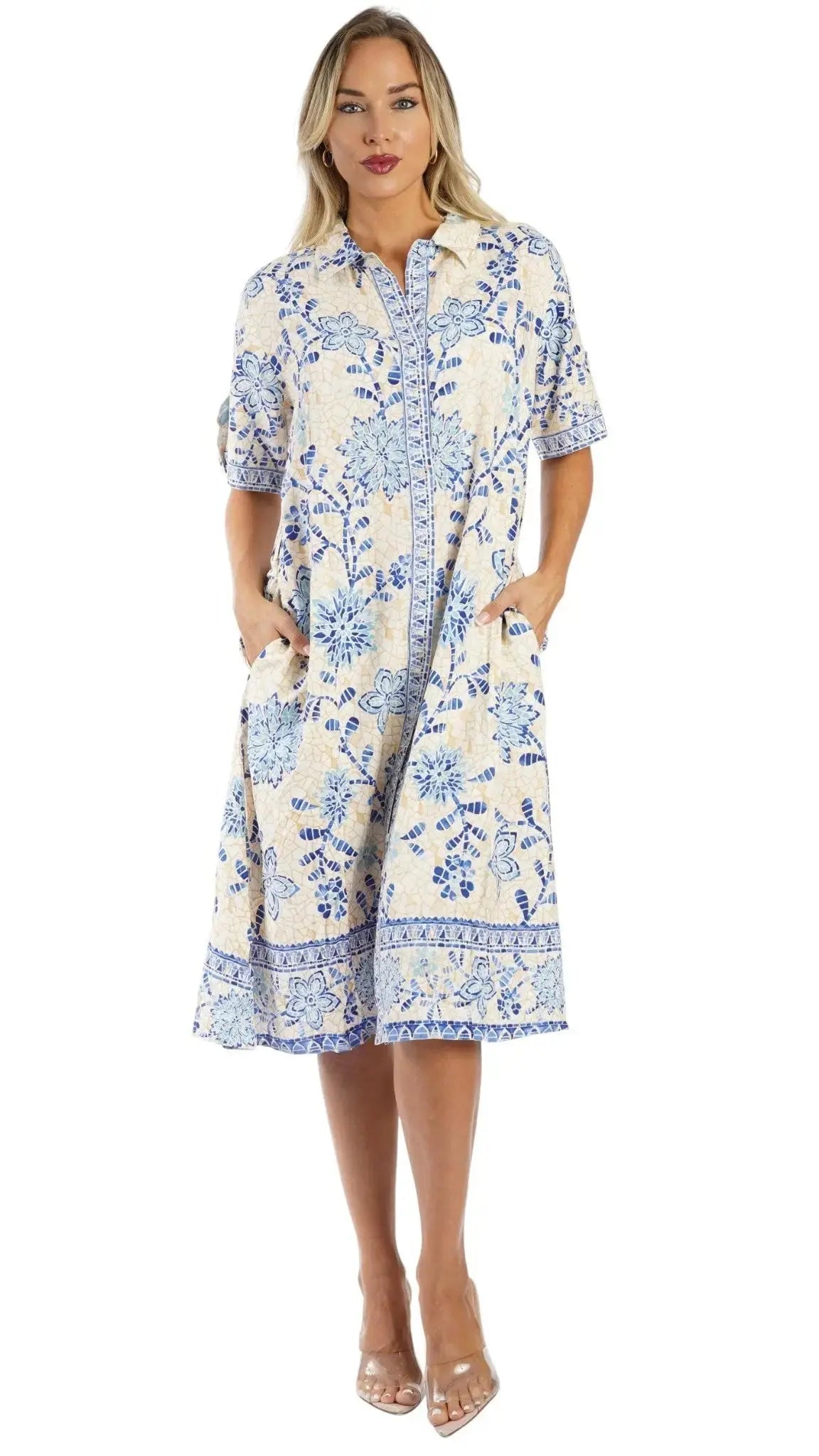 Blue Print Shirt Dress – Luxury Resort Wear Vacation Dress with Pockets Club Moda shirt