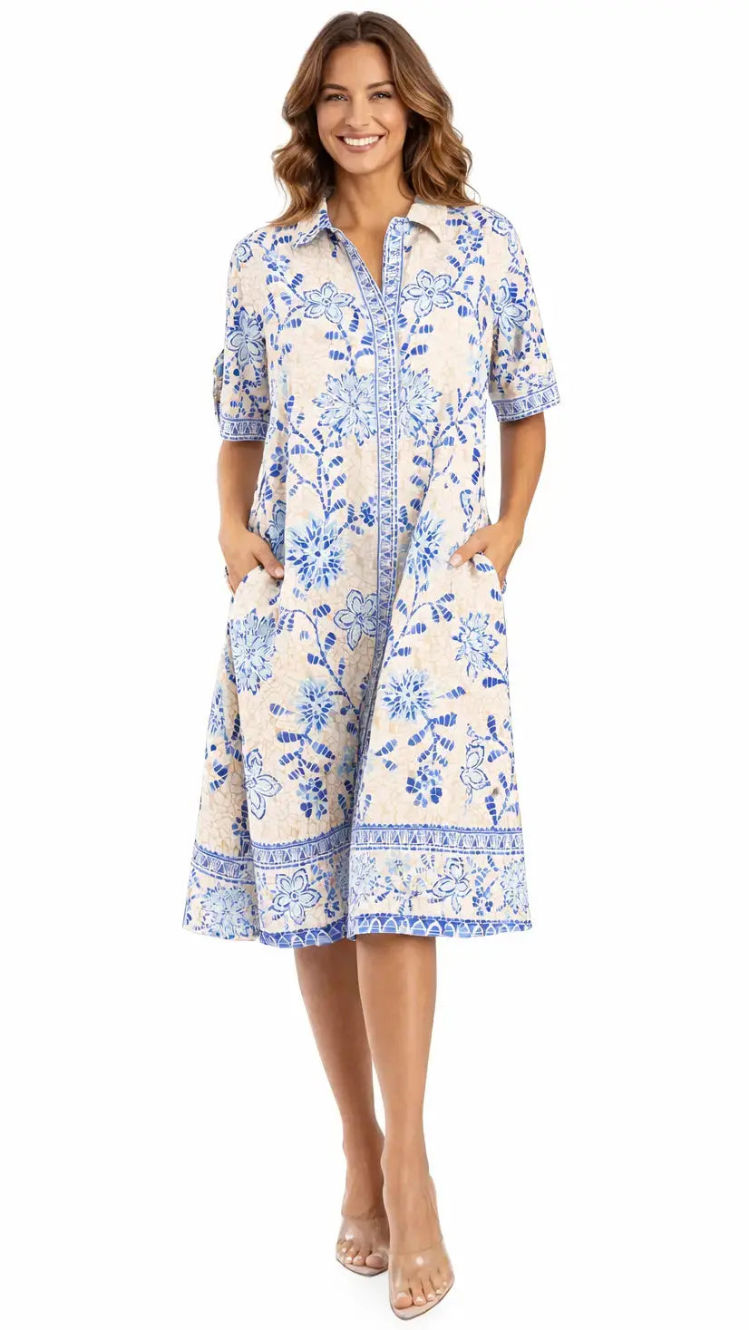 Blue Print Shirt Dress – Luxury Resort Wear Vacation Dress with Pockets Club Moda shirt