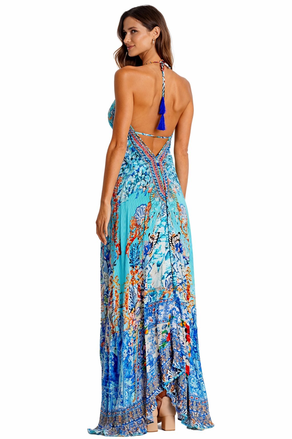 Blue Tropical Floral Embellished Maxi Dress - Designer Maxi Dress | Elegant Kaftan Cover Up Dress | Club Moda USA