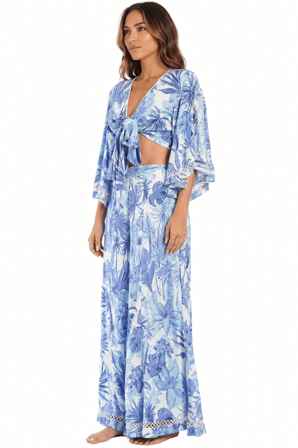 Blue tropical floral tie-front kimono-sleeve crop top with matching wide-leg flared pants — view 3