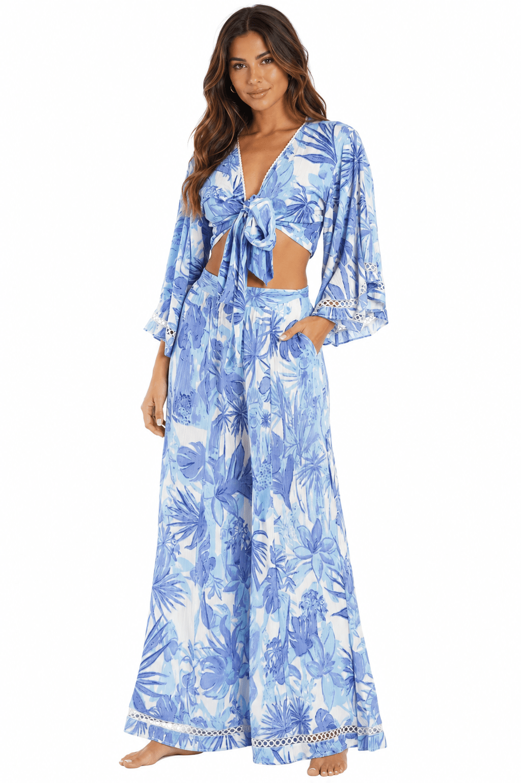 Blue tropical floral tie-front kimono-sleeve crop top with matching wide-leg flared pants — view 2