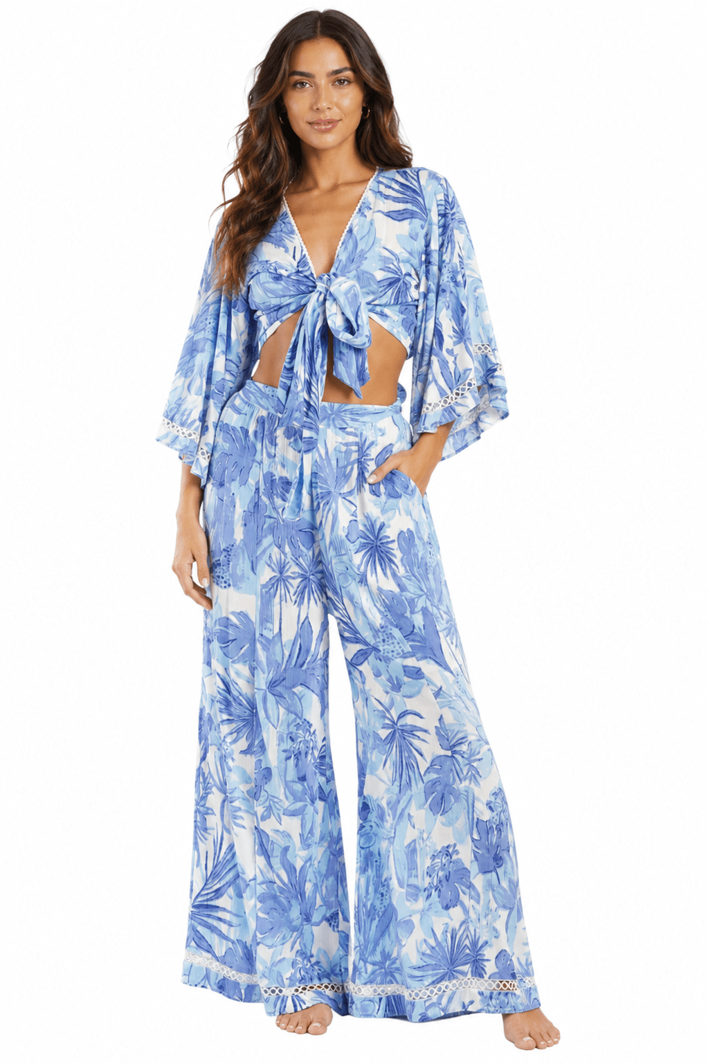 Blue tropical floral tie-front kimono-sleeve crop top with matching wide-leg flared pants — view 4