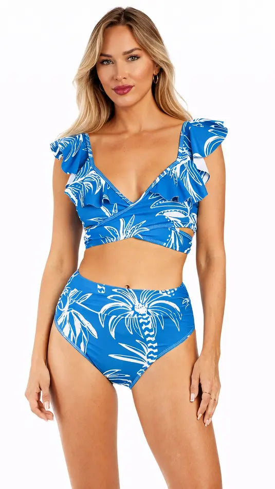 Blue Tropical Print Bikini Set – High Waist Two Piece Resort Swimwear Club Moda 2-Piece Swim Set