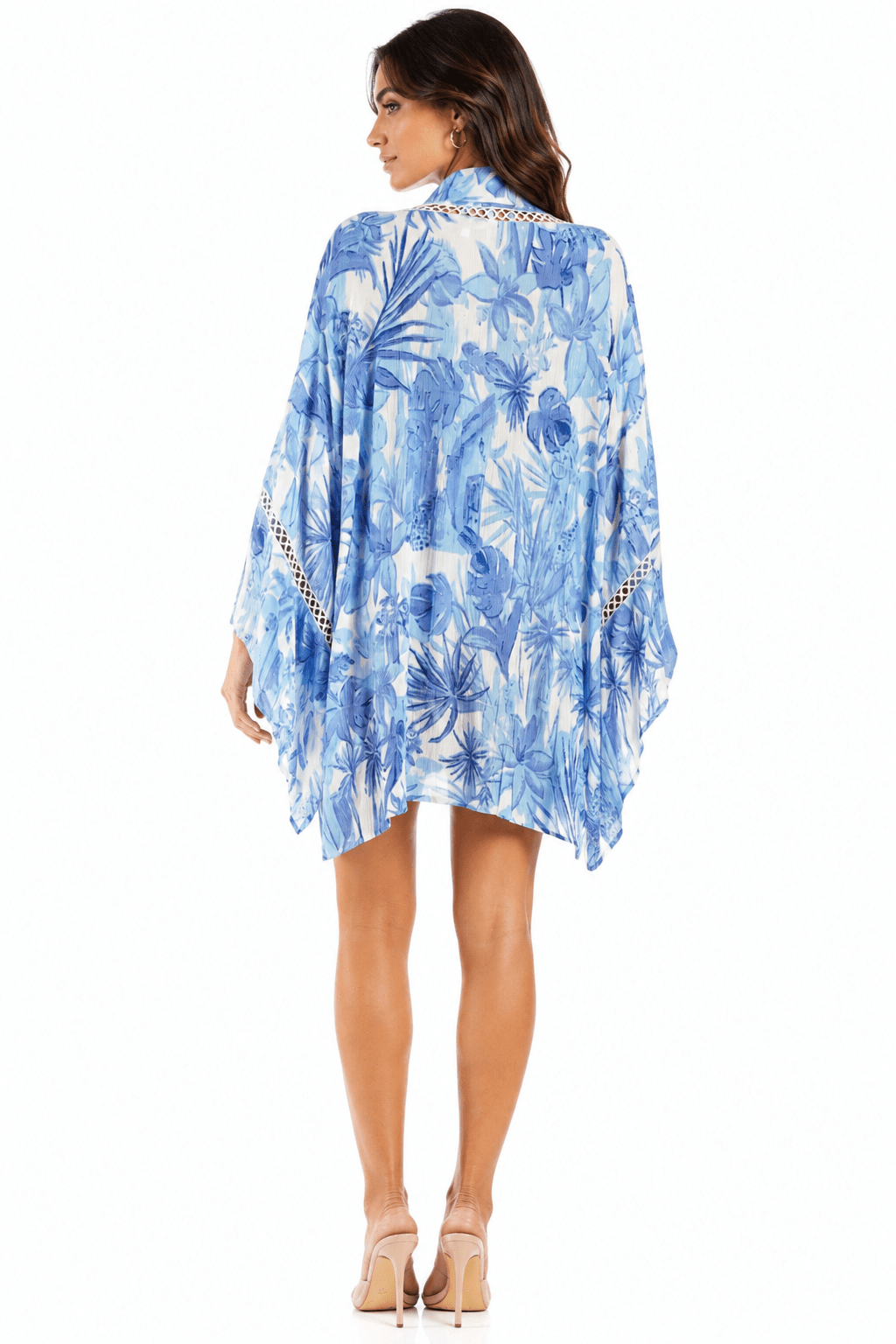 Blue and white tropical print open-front mid-length beach kimono cover-up — view 3