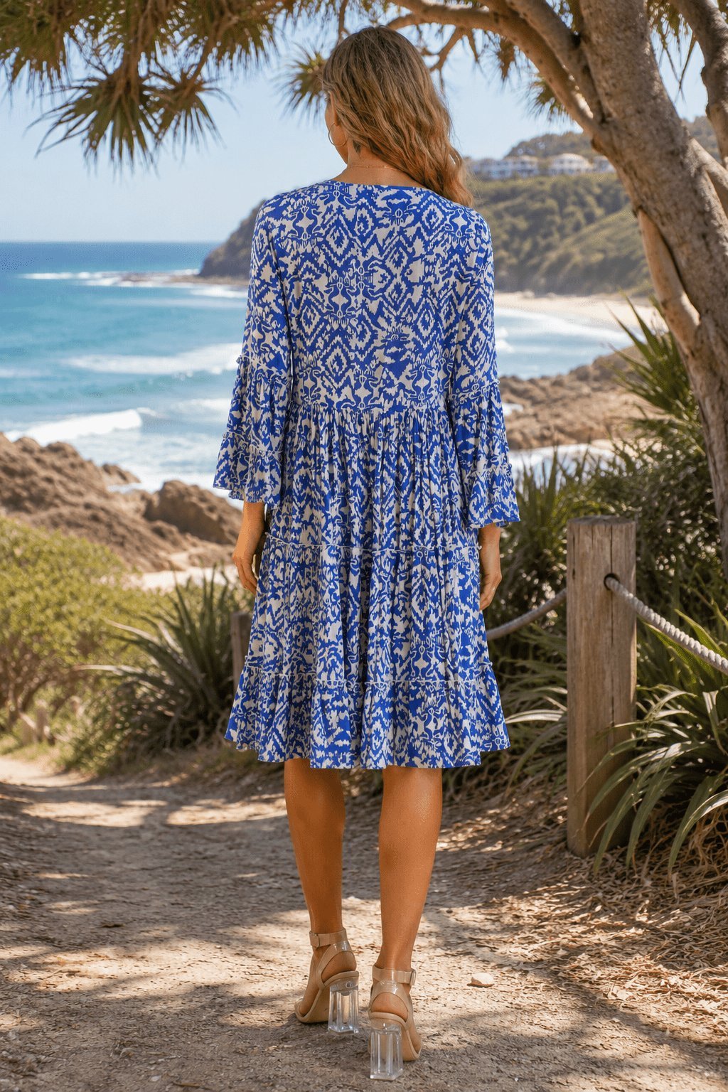 Blue and white boho resort dress, shown from another angle