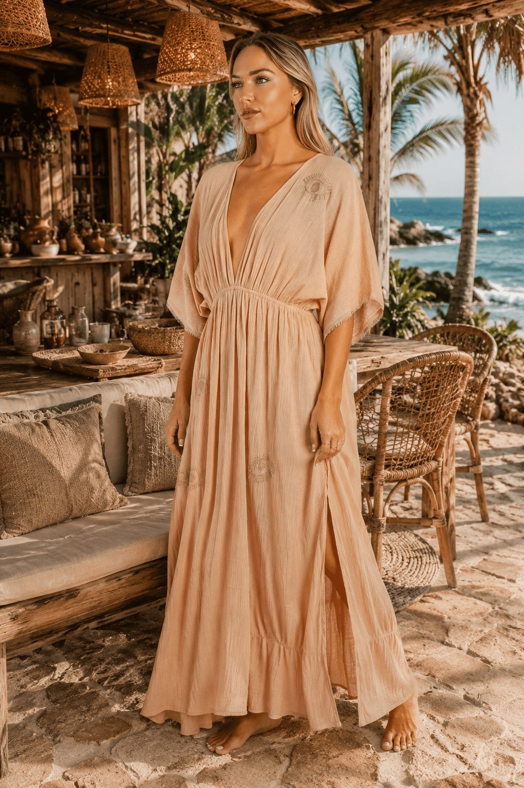 Blush kimono-sleeve maxi kaftan dress, shown from another angle