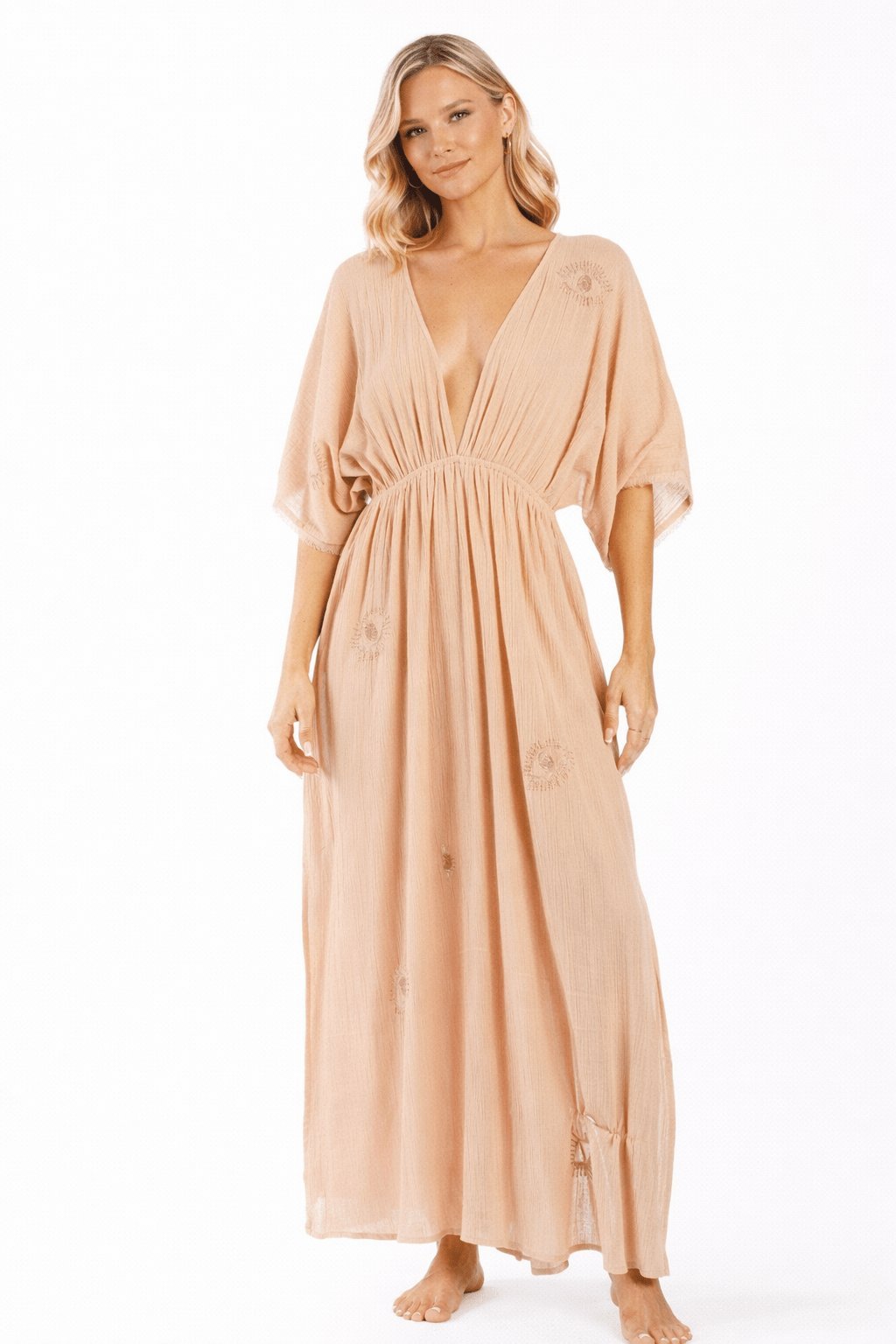 Solid blush kimono-sleeve deep V-neck smocked-waist maxi kaftan dress — view 1