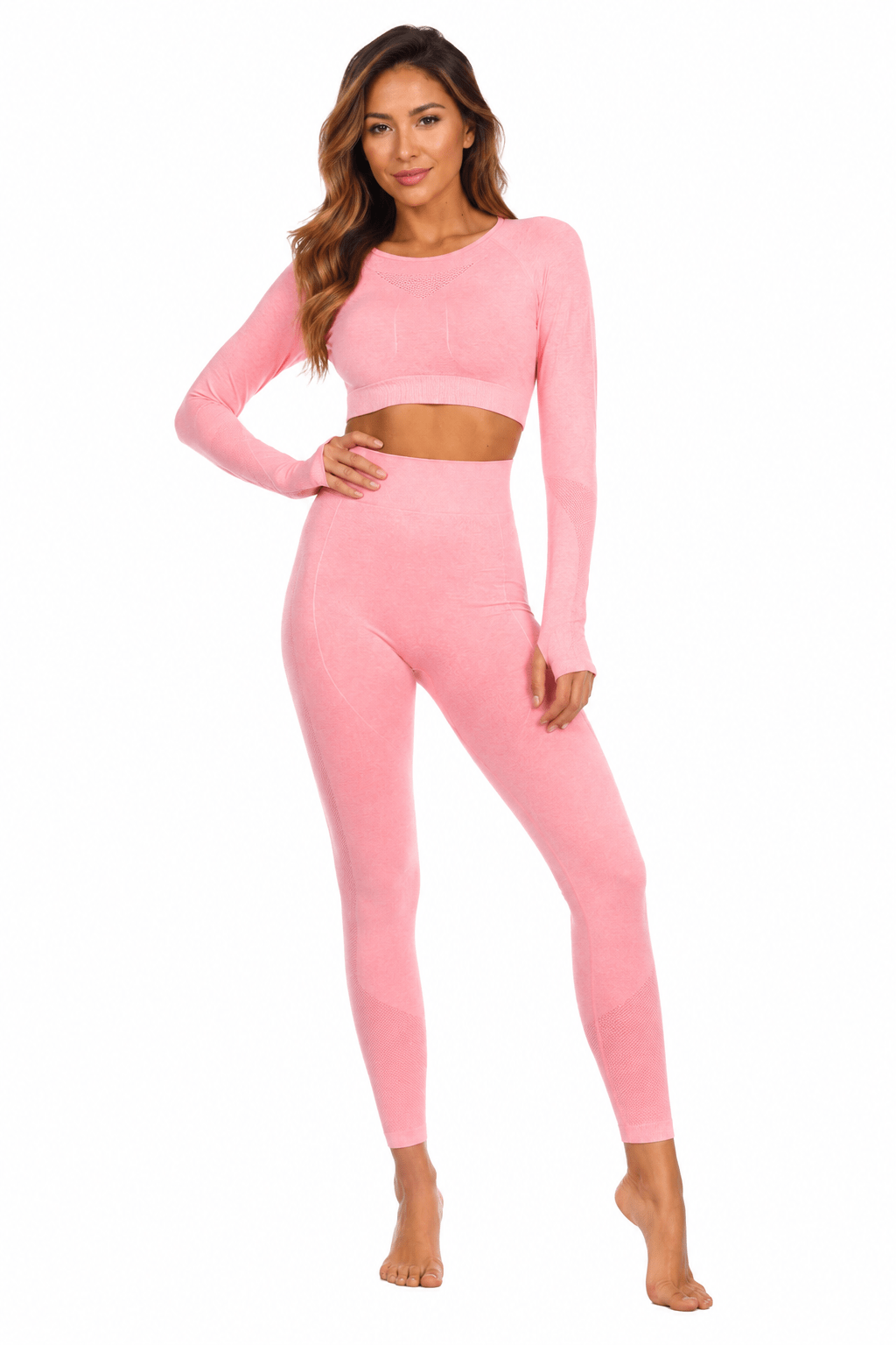 Blush pink seamless long-sleeve crop top, shown from another angle