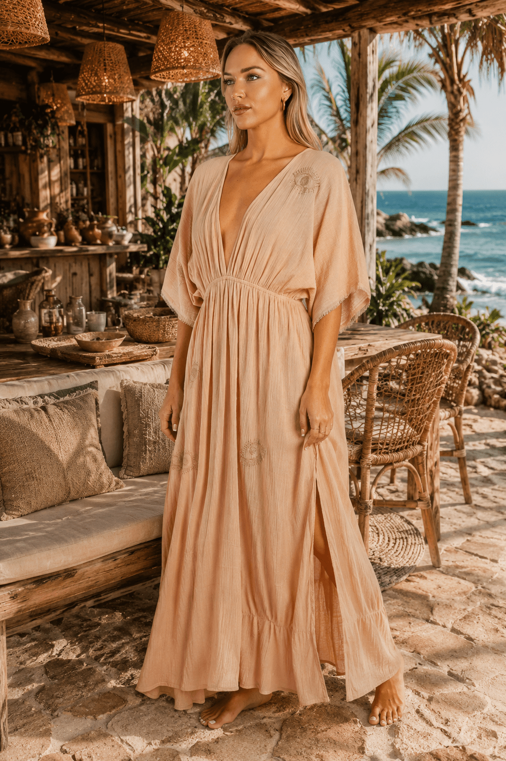 Blush Solid Kimono-Sleeve Deep-V Smocked Waist Maxi Kaftan Dress