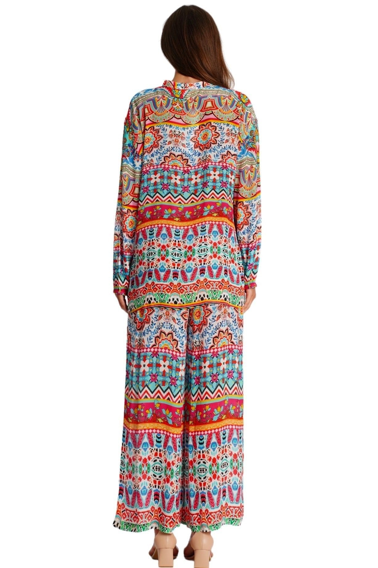 Bohemian Print Co-Ord Set – Colorful Resort Palazzo Pants & Top - Side View | Club Moda USA