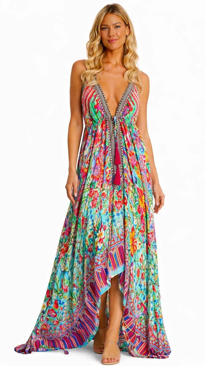 Bohemian-print halter maxi dress with an uneven hemline, additional view