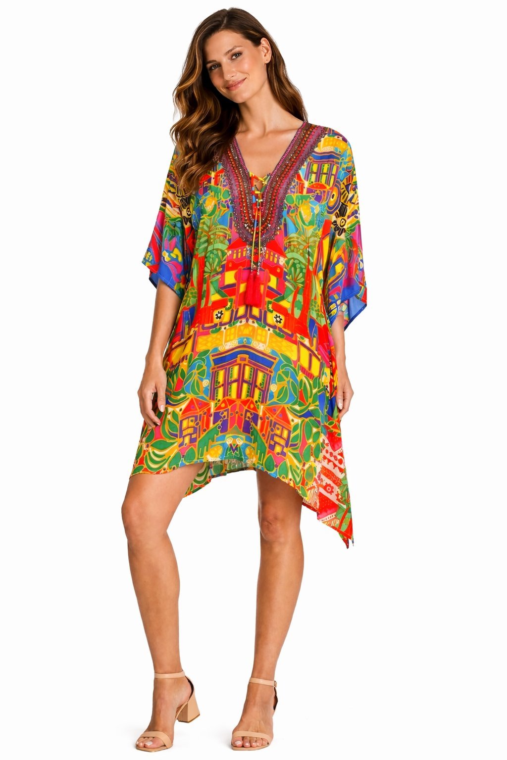 Boho-style kaftan dress with a long, loose silhouette, additional view