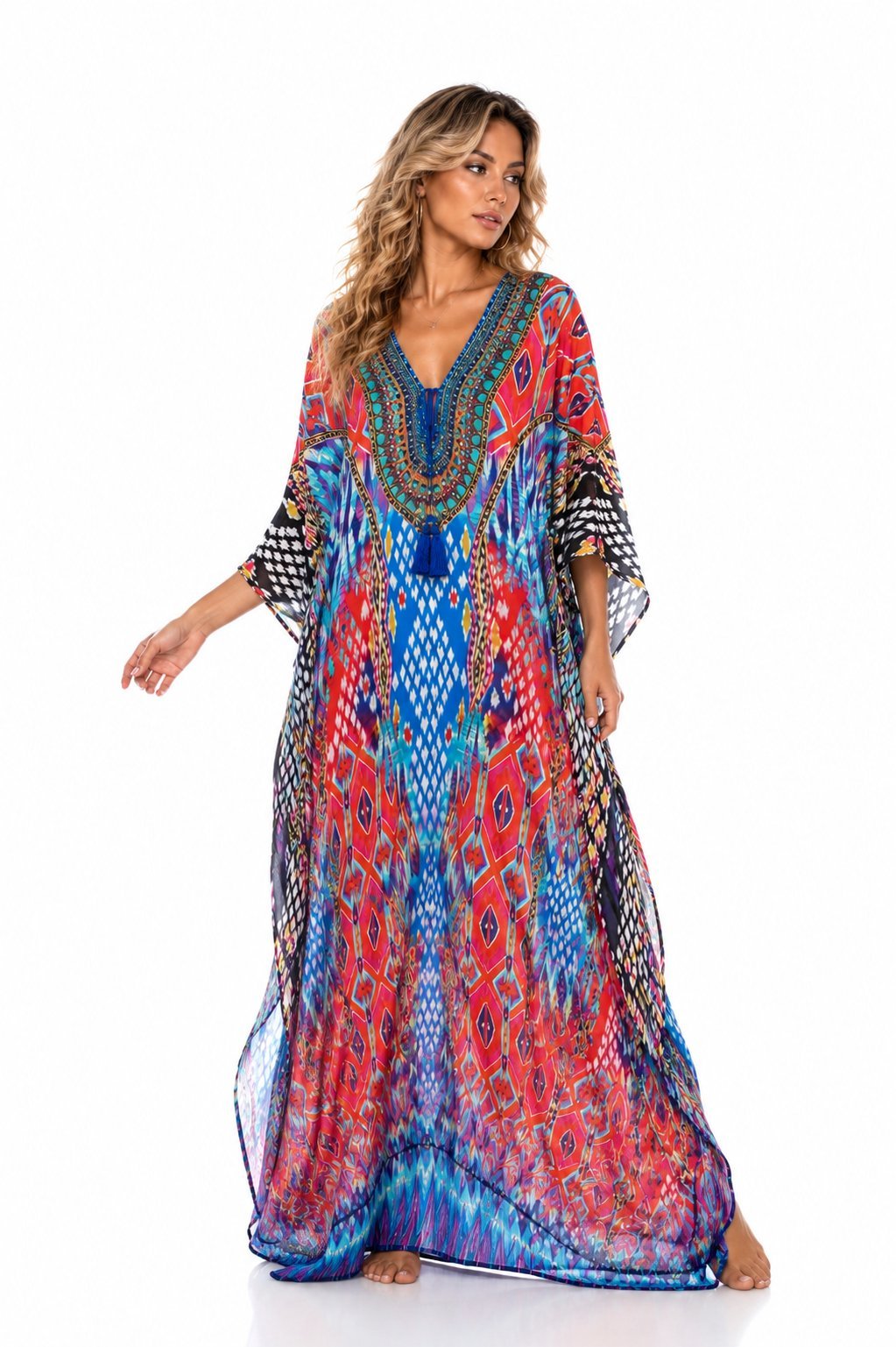 Tropical-print boho maxi caftan cover-up dress, alternate view