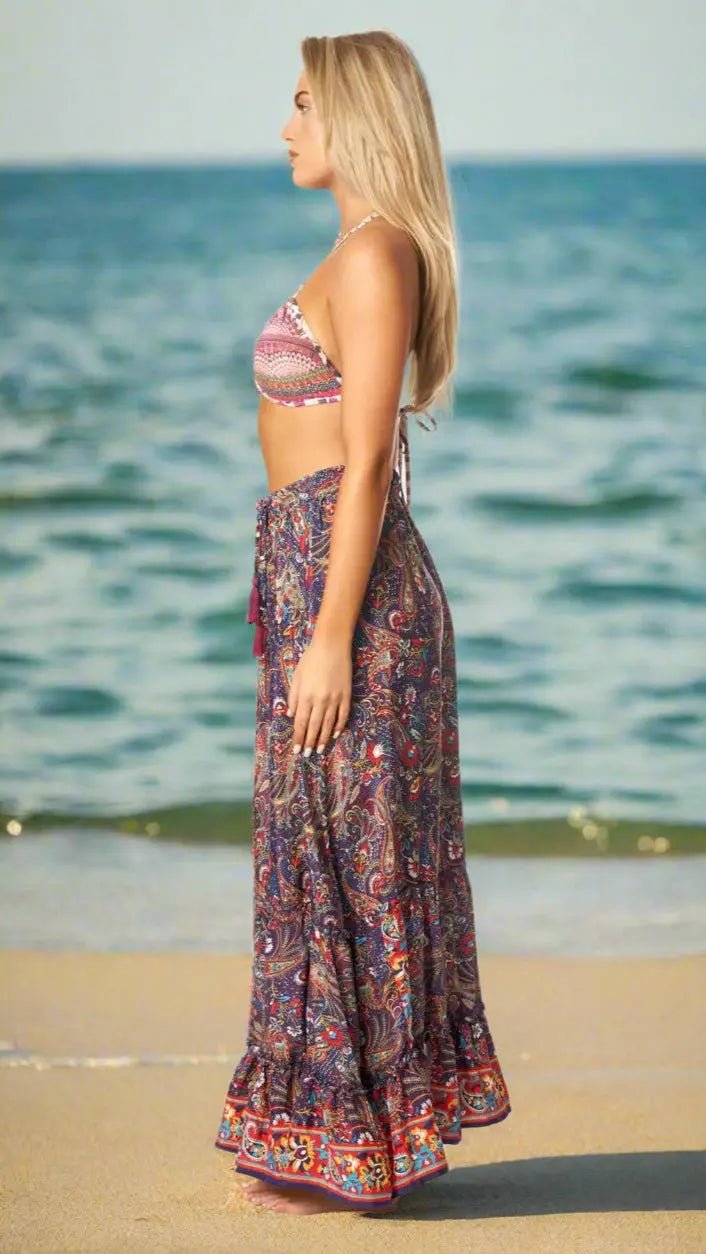 Boho Positano Tropical Inspired Floral Maxi Skirt - Designer Cover-Up | Elegant Kaftan Cover Up Dress | Club Moda USA