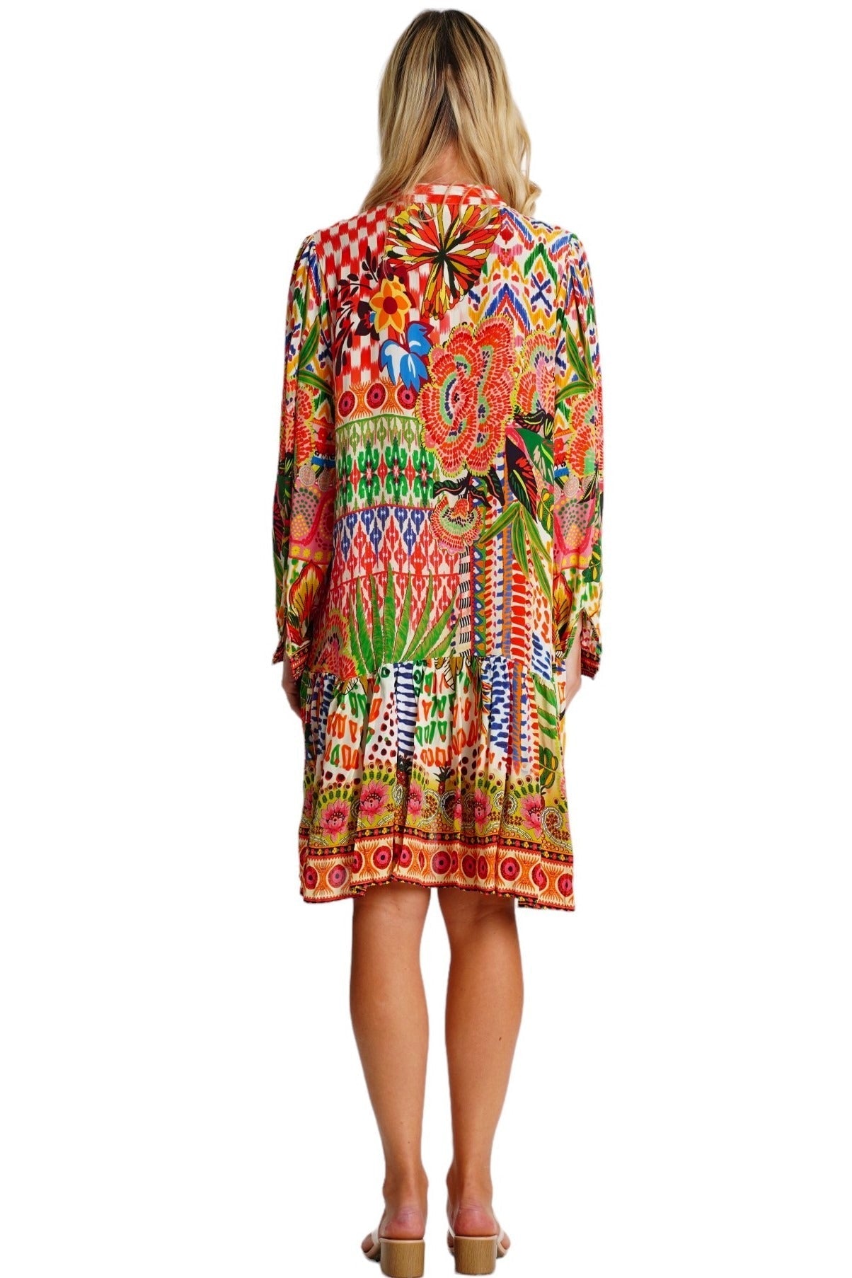 Boho Printed Mini Dress – Tropical Flowy Resort Dress for Women - Side View | Club Moda USA