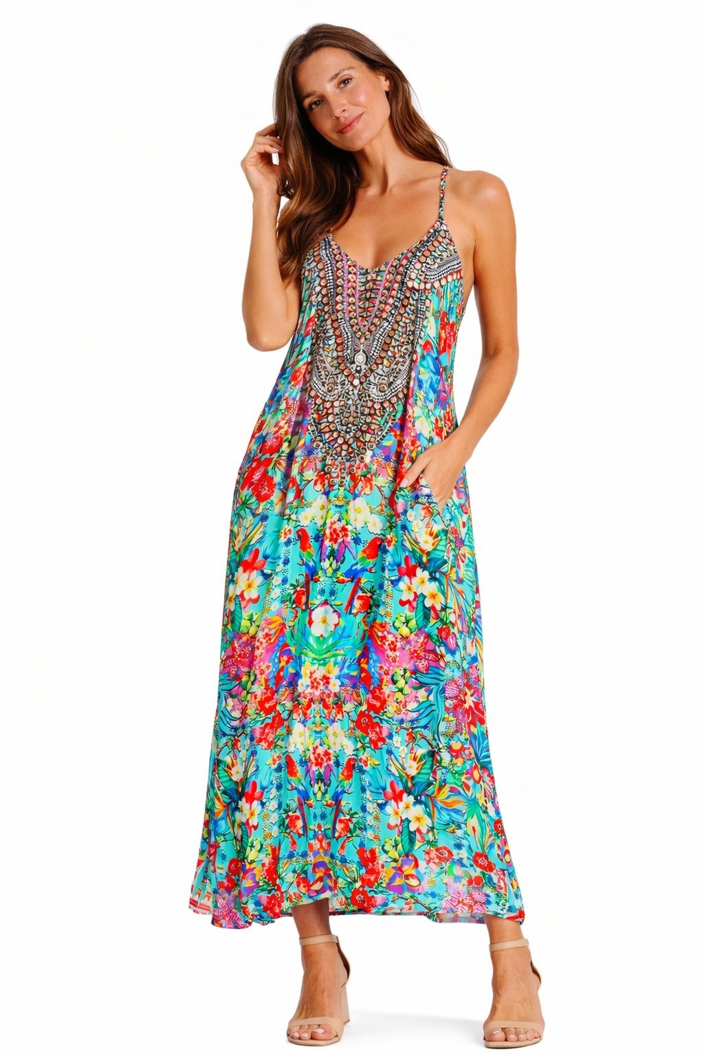 Bold-print racerback maxi dress with a long skirt, additional view