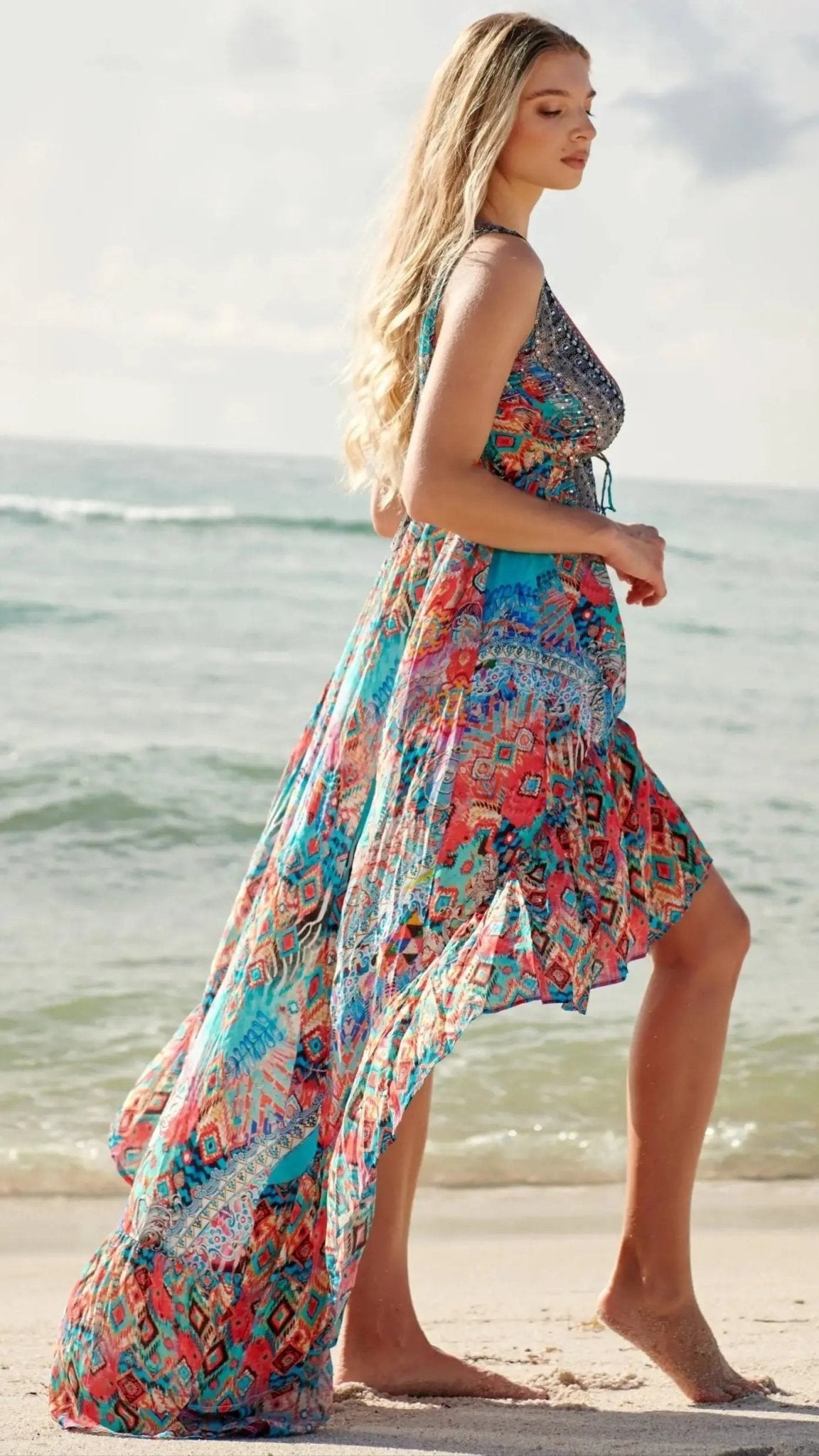 Bright & Bold Pattern Trendy Designer Hi-Lo Dress - Designer Maxi Dress | Elegant Kaftan Cover Up Dress | Club Moda USA
