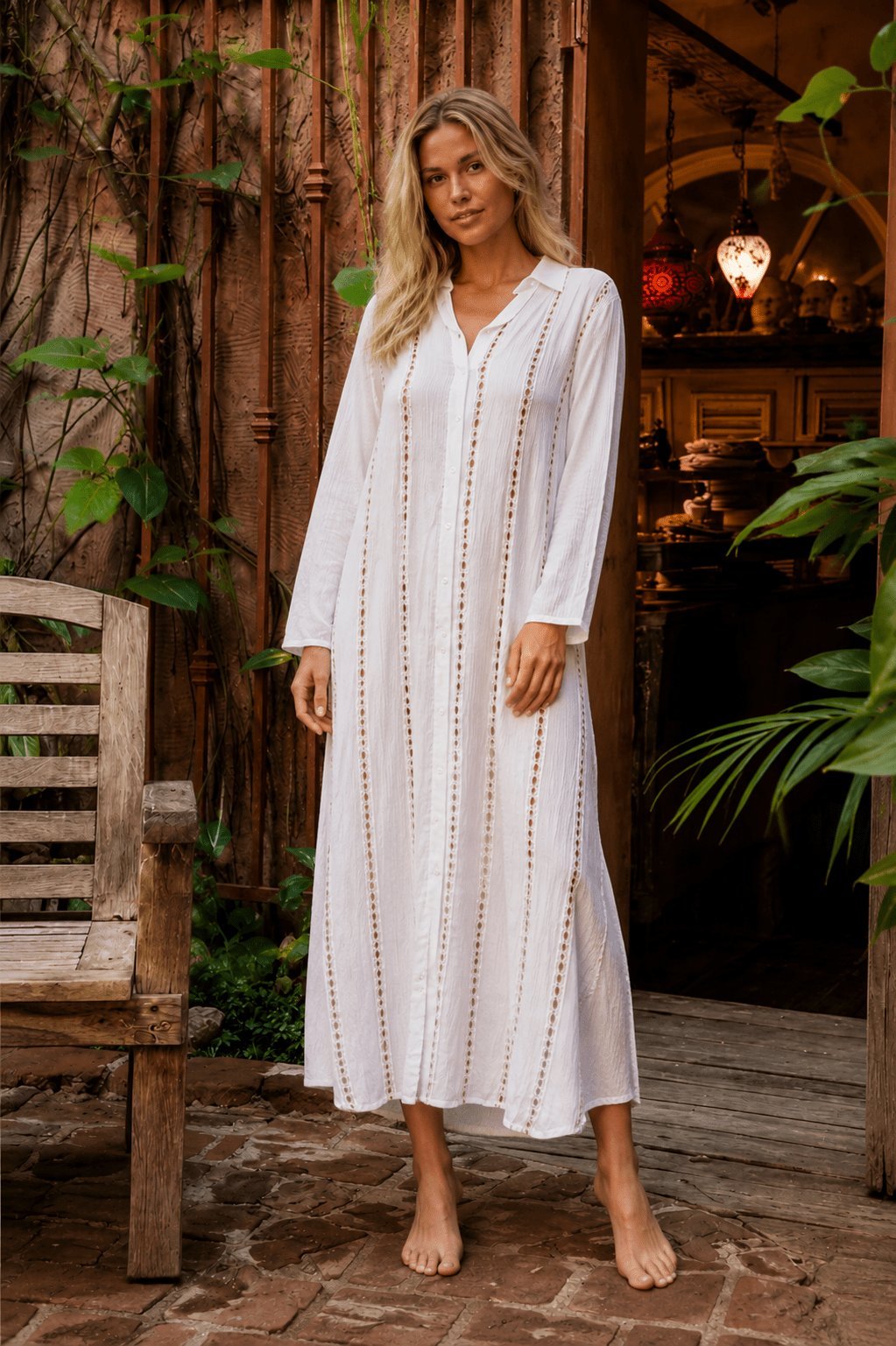 Caftan maxi dress with an easy drape, shown from another angle