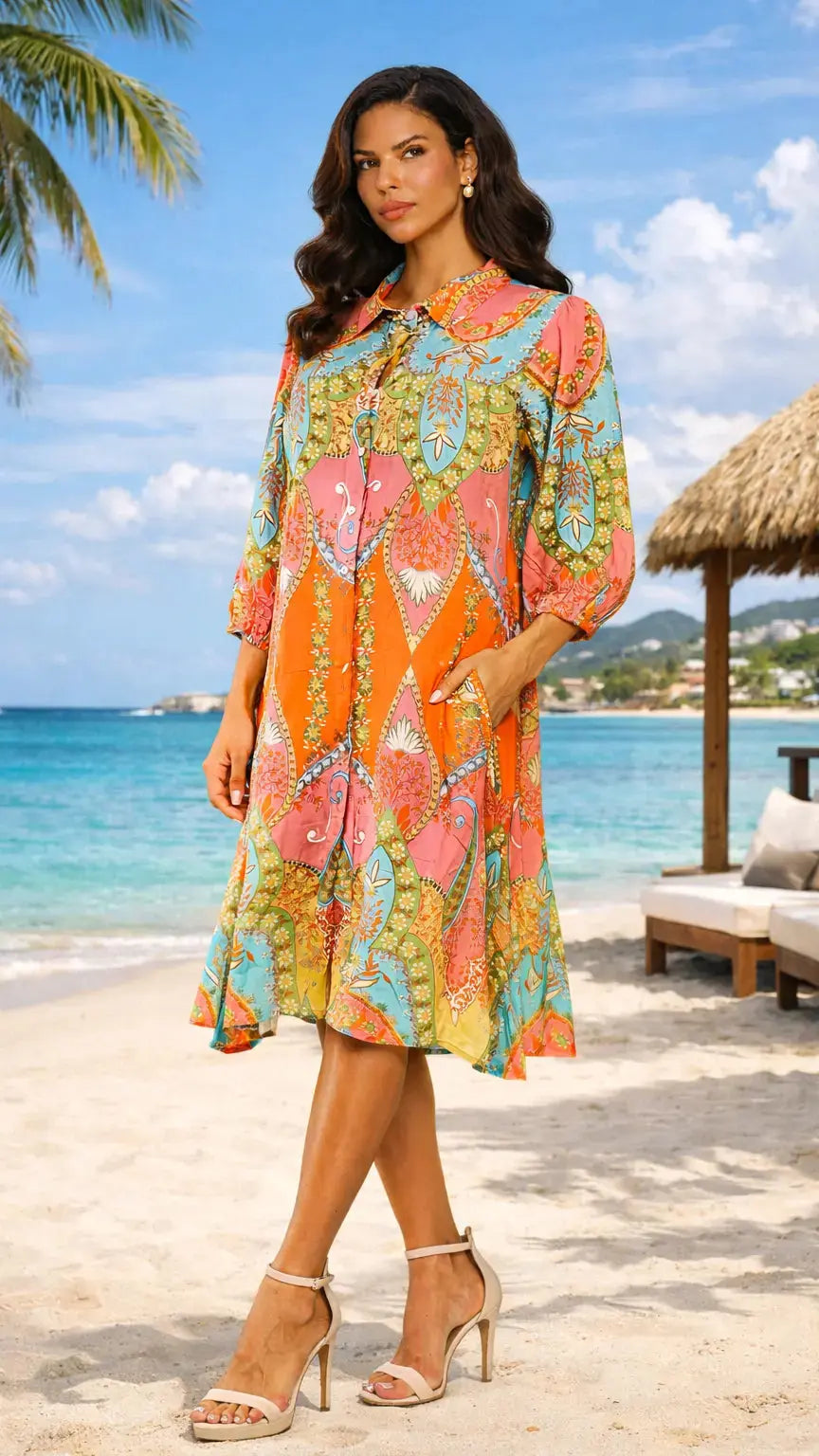 Caribbean Print Shirt Dress – Luxury Resort Wear - Premium Resort Wear | Luxury Shirt Dress for Vacation & Cruise | Club Moda