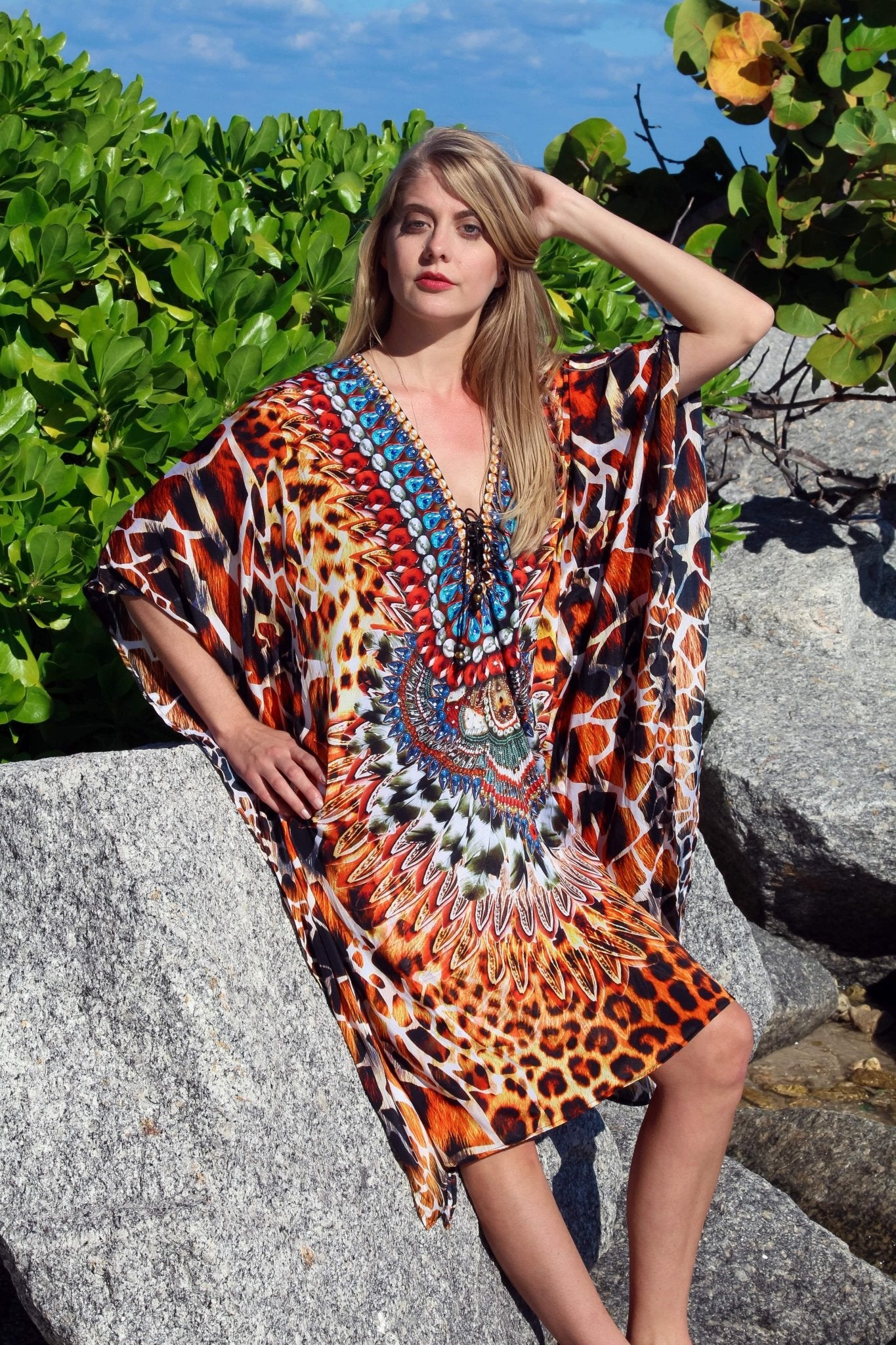 Cheetah Print Caftan Cover-Up - Designer Caftan | Elegant Kaftan Cover Up Dress | Club Moda USA