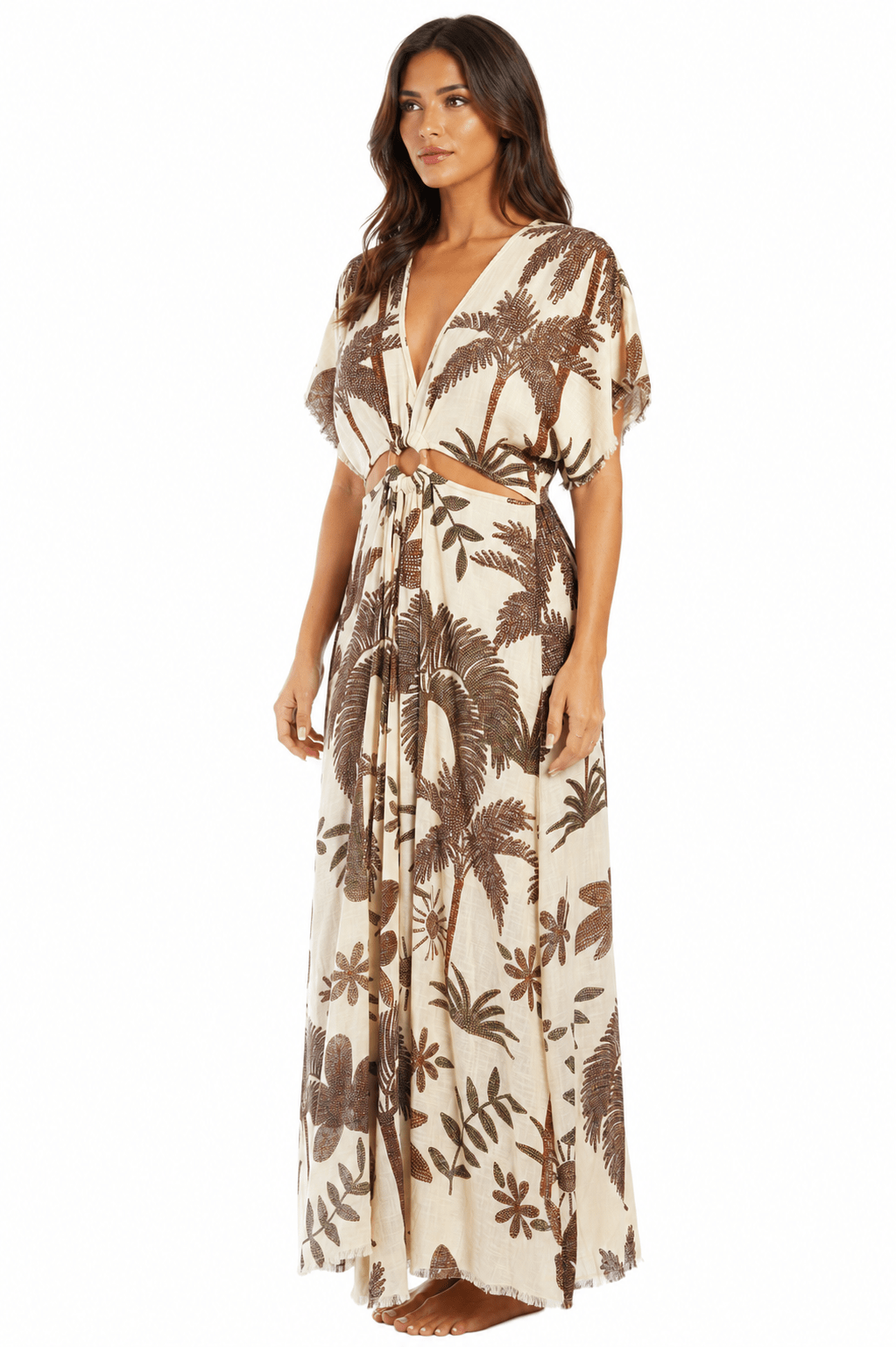 Ivory and chocolate palm-print kimono-sleeve V-neck tie-waist maxi kaftan dress — view 3
