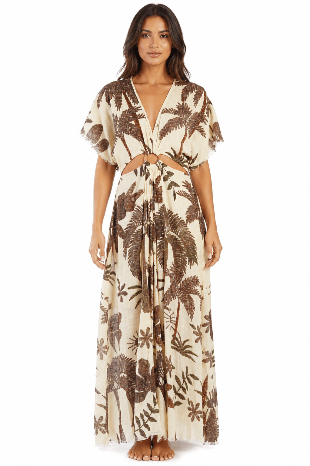 Ivory and chocolate palm-print kimono-sleeve V-neck tie-waist maxi kaftan dress — view 4