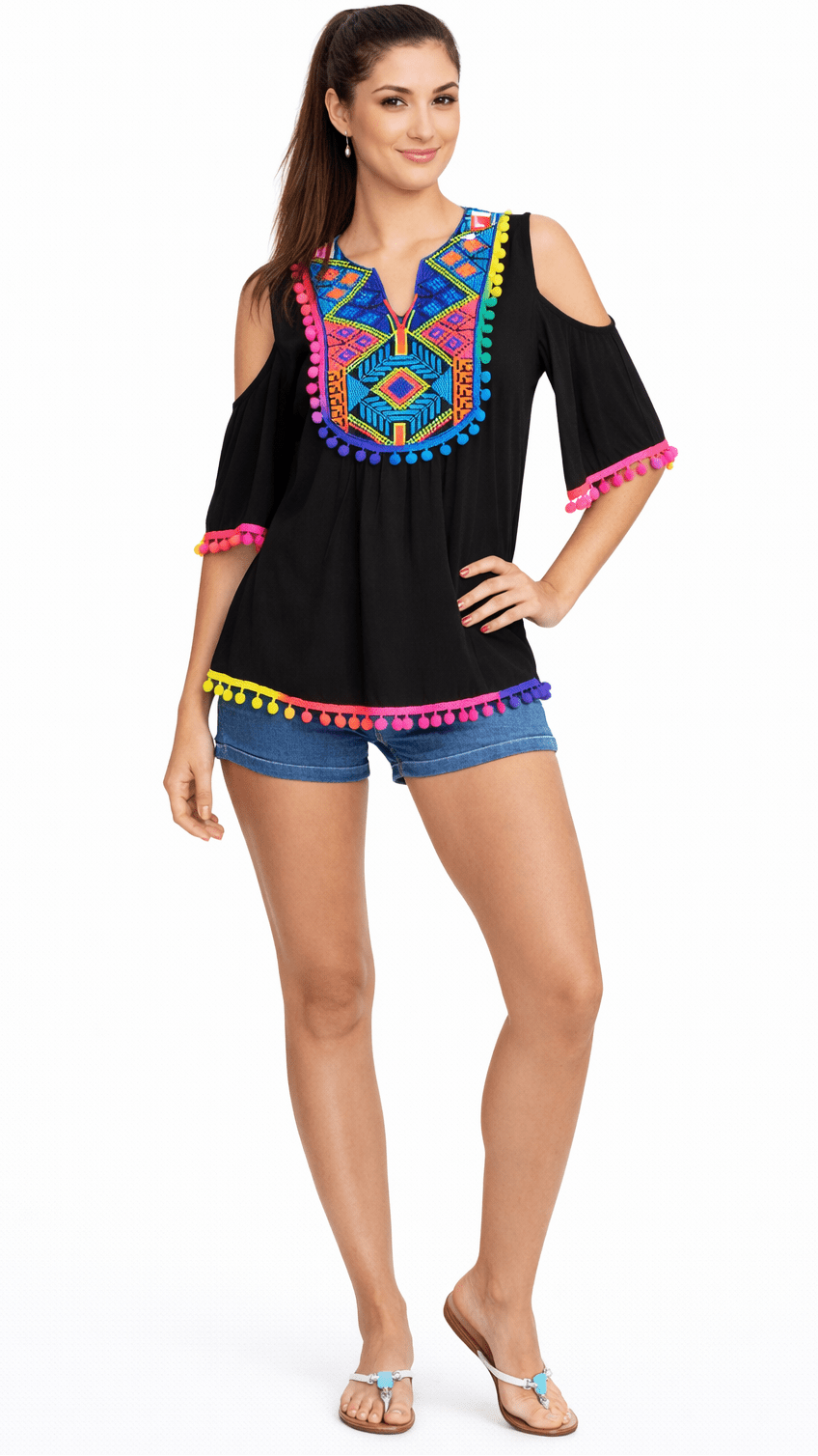 Club Moda Beach Tops with playful pompoms - Designer Top | Elegant Kaftan Cover Up Dress | Club Moda USA