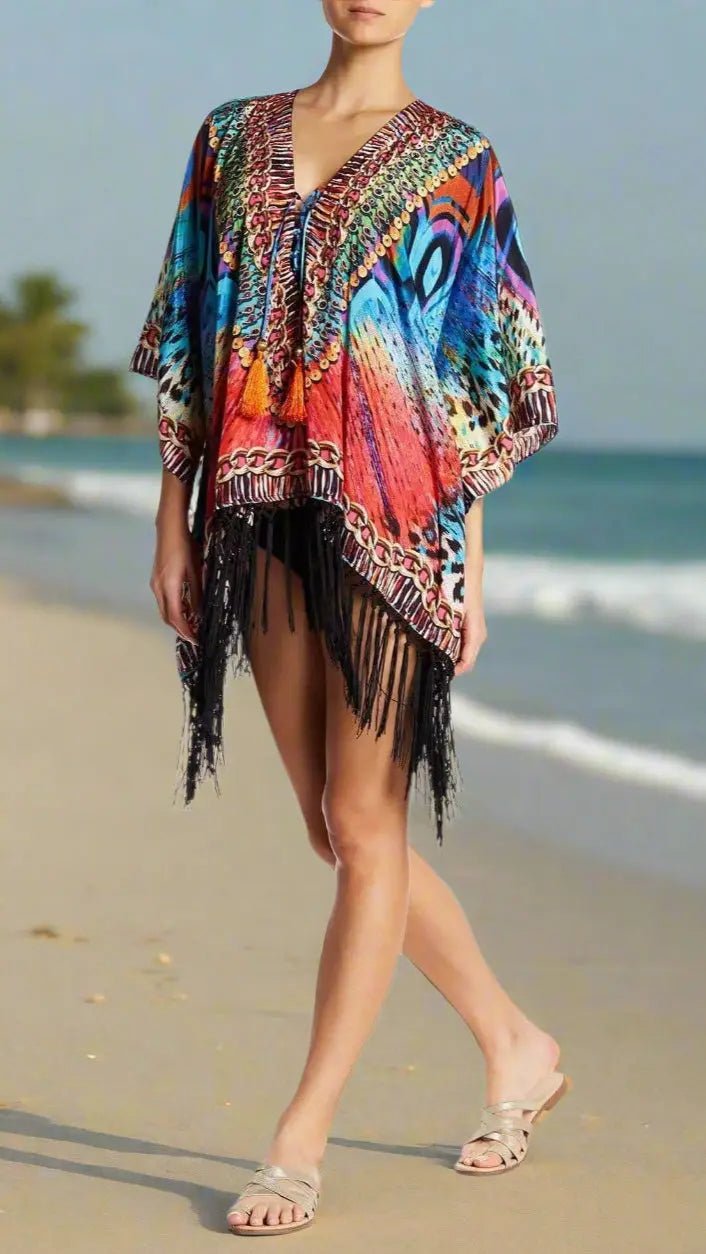 Club Moda Bright Peacock Fringe Kaftan - Premium Resort Wear | Luxury Caftan for Vacation & Cruise | Club Moda