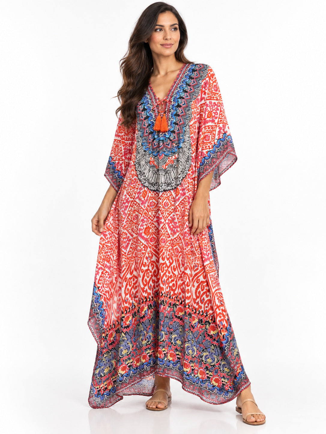 Women's coral ikat print maxi caftan with tassel-tie V-neck by Club Moda