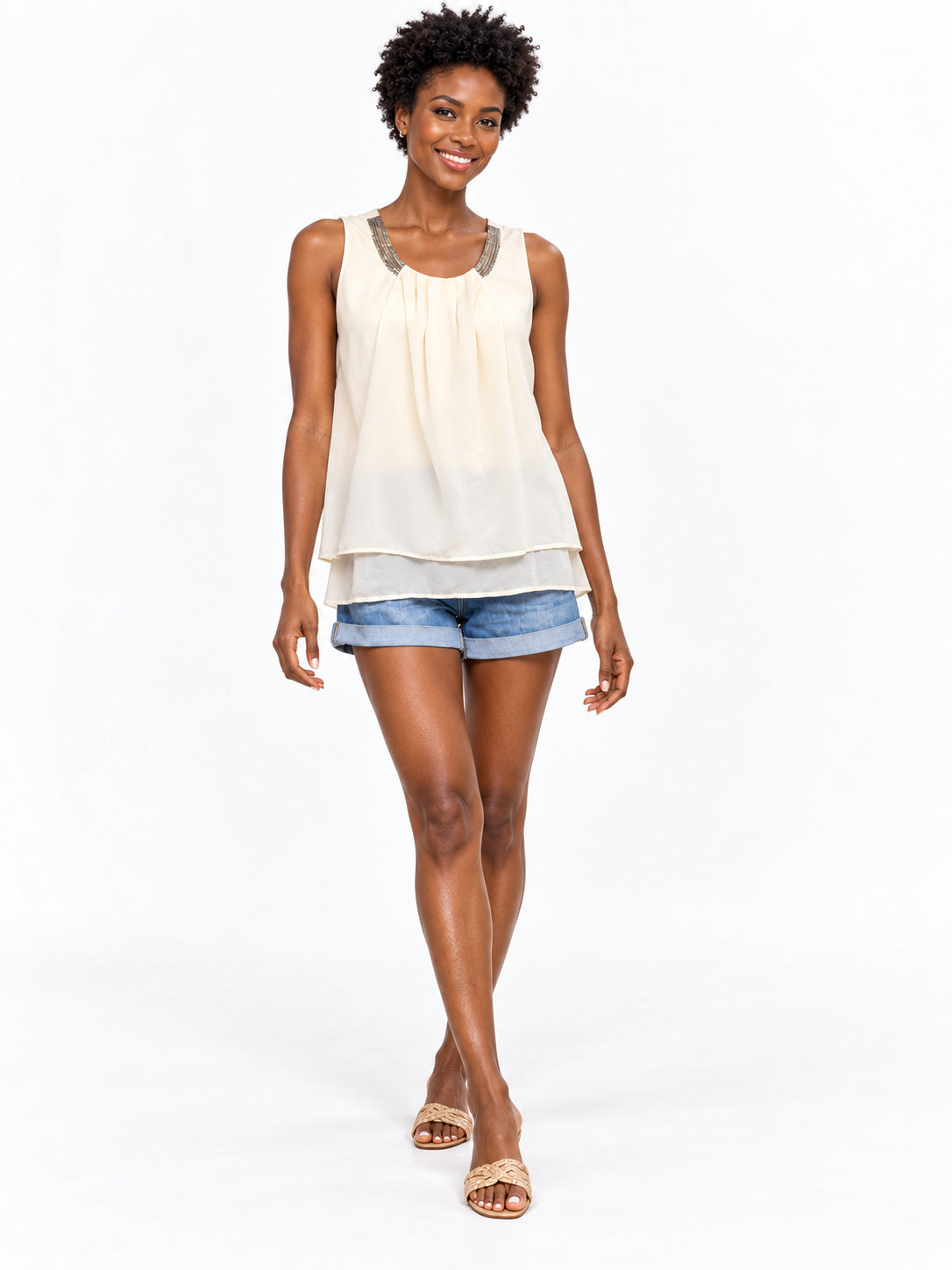 Women's ivory layered resort tank top with embellished scoop neckline by Club Moda