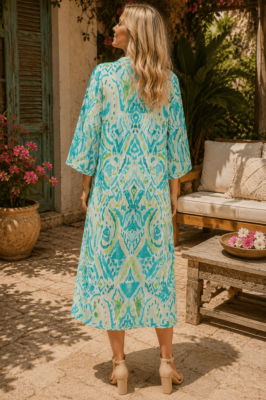 Club Moda Women's Cotton Caftan Dress – Blue Coastal Print Resort Wear, Relaxed Fit Midi Kaftan with Pockets, Vacation Beach Cover Up - Designer Caftan | Elegant Kaftan Cover Up Dress | Club Moda USA