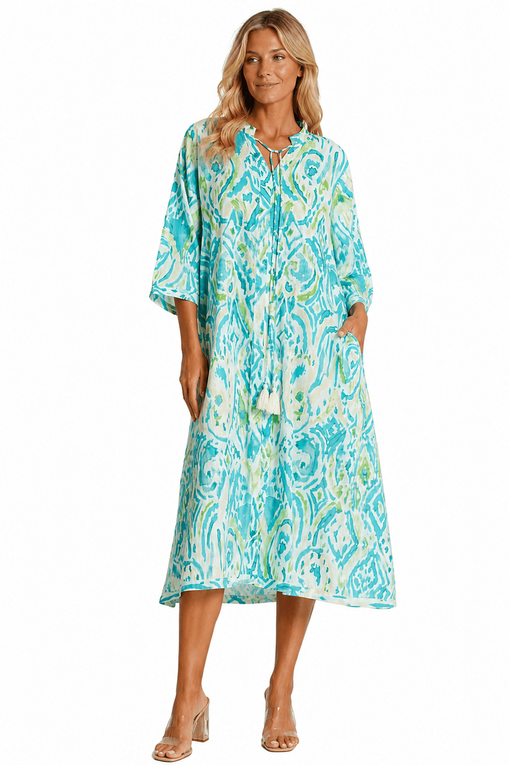 Blue coastal-print caftan dress with side pockets, additional view