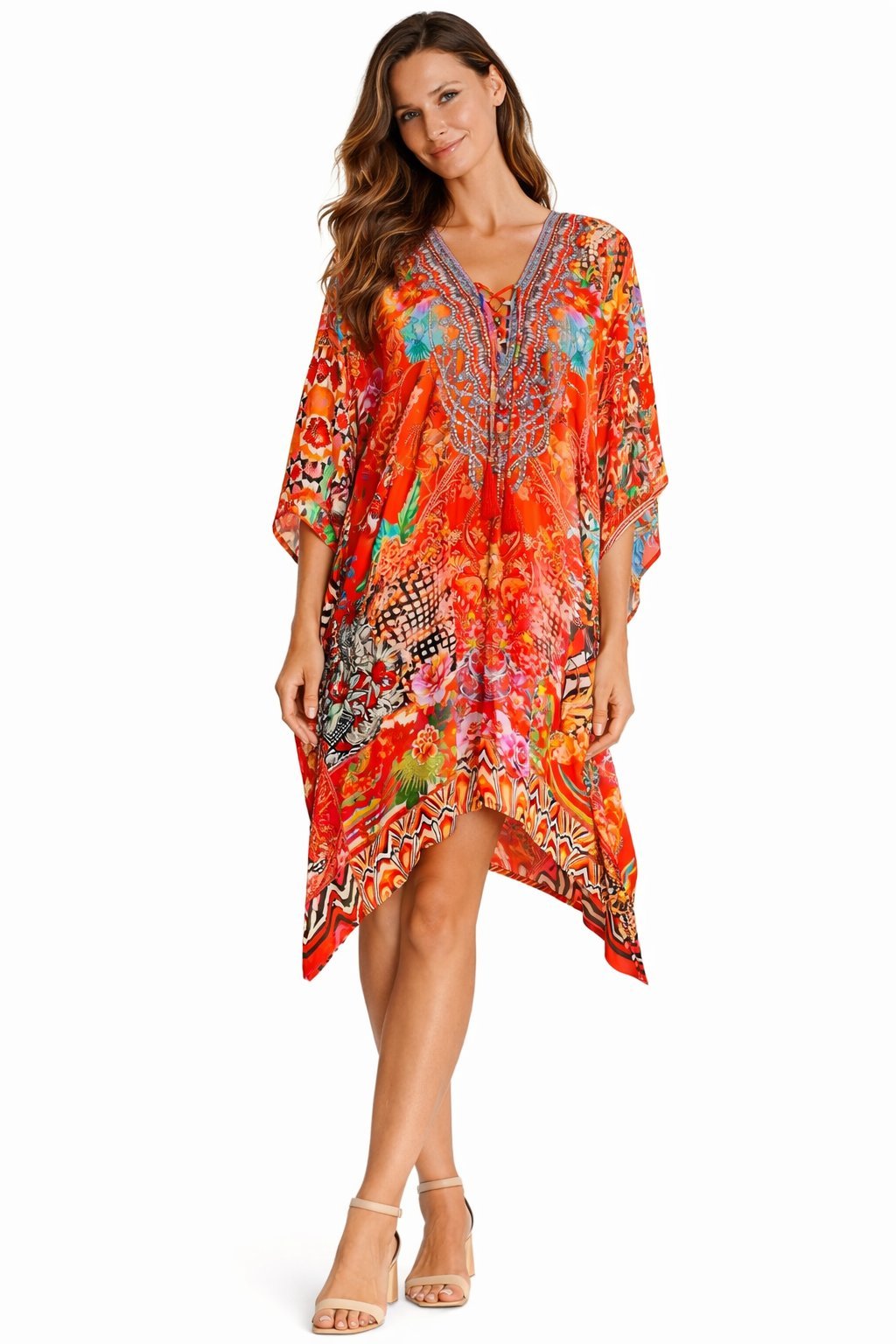 Coastal-print kaftan maxi dress, shown from another angle